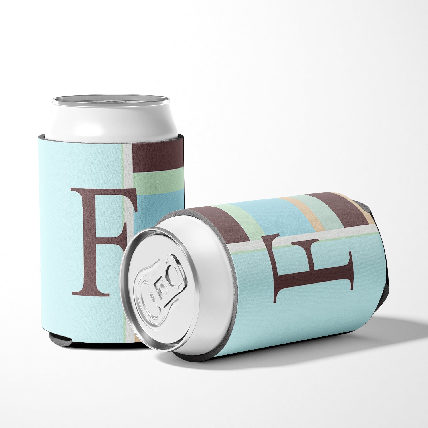 Letter F Initial Monogram - Blue Stripes Can or Bottle Beverage Insulator Hugger.