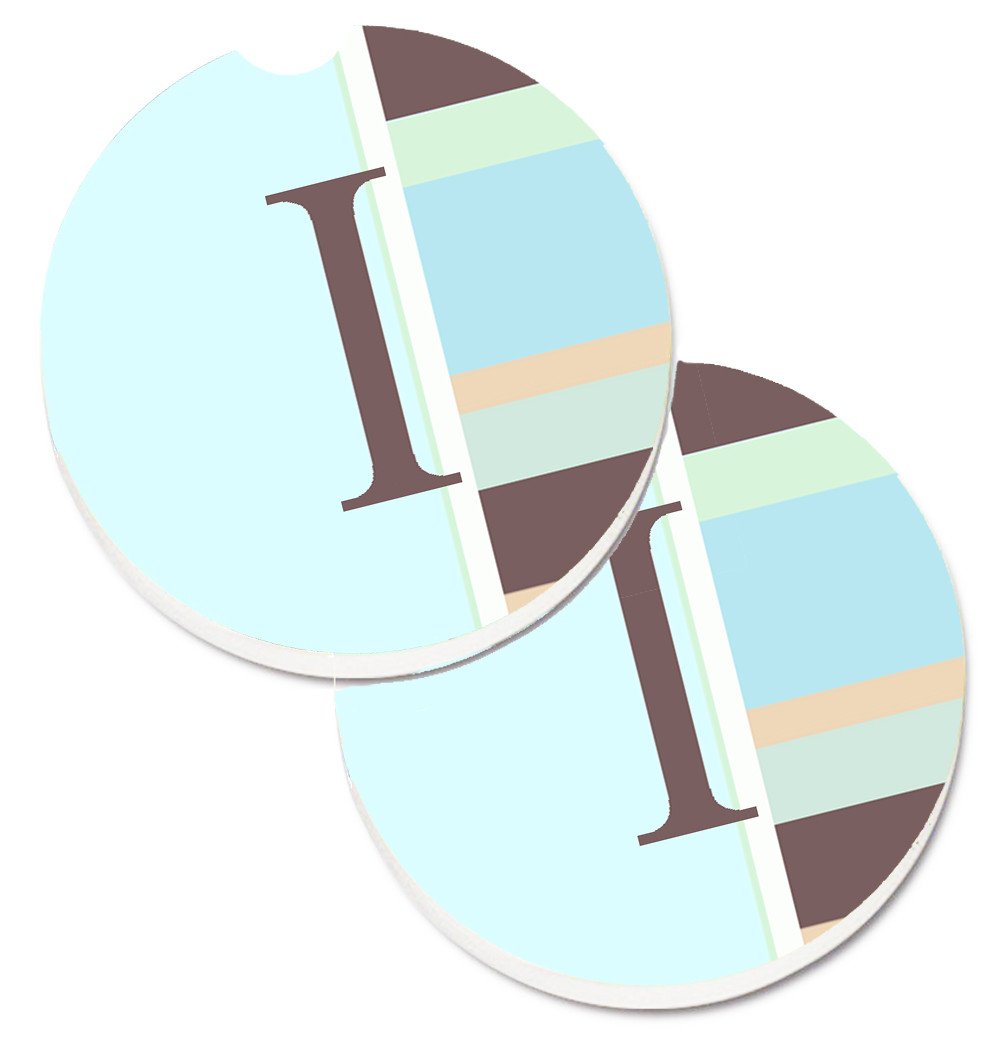 Letter I Initial Monogram - Blue Stripes Set of 2 Cup Holder Car Coasters CJ1003-ICARC by Caroline&#39;s Treasures