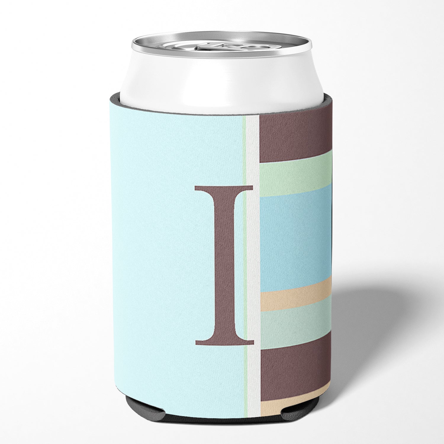 Letter I Initial Monogram - Blue Stripes Can or Bottle Beverage Insulator Hugger.