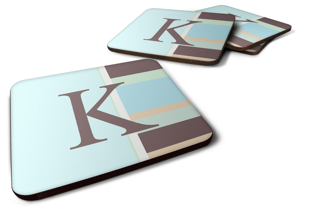 Set of 4 Monogram - Blue Stripes Foam Coasters Initial Letter K - the-store.com