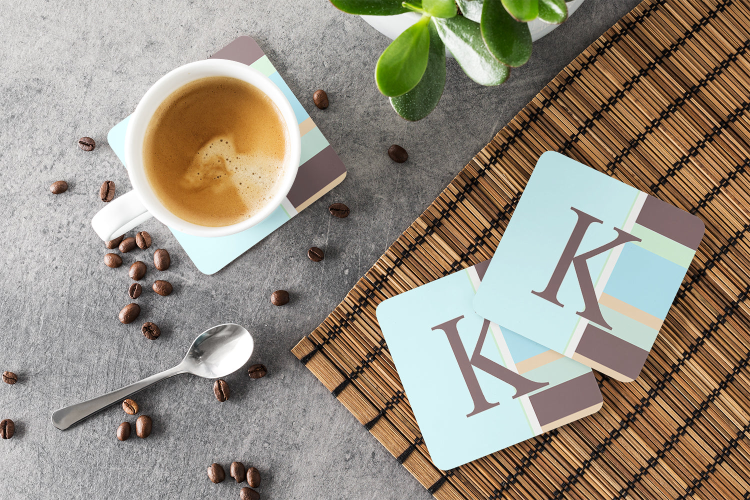 Set of 4 Monogram - Blue Stripes Foam Coasters Initial Letter K - the-store.com