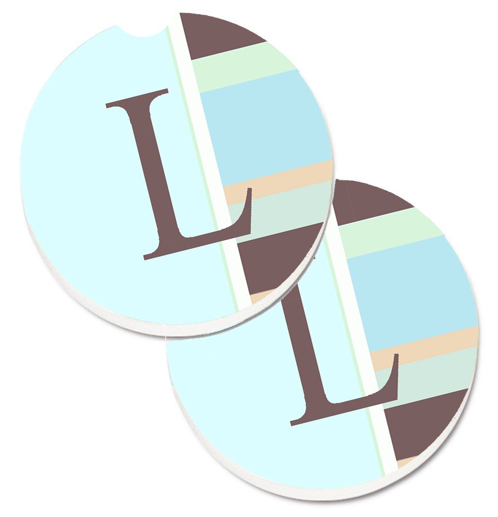 Letter L Initial Monogram - Blue Stripes Set of 2 Cup Holder Car Coasters CJ1003-LCARC by Caroline&#39;s Treasures