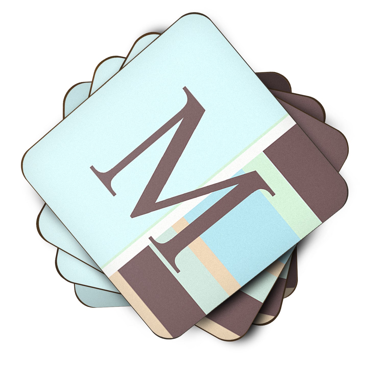 Set of 4 Monogram - Blue Stripes Foam Coasters Initial Letter M - the-store.com