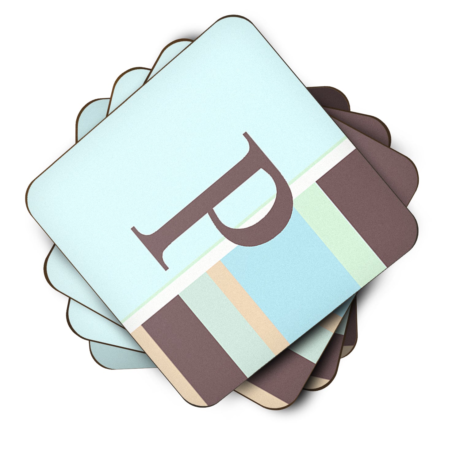 Set of 4 Monogram - Blue Stripes Foam Coasters Initial Letter P - the-store.com