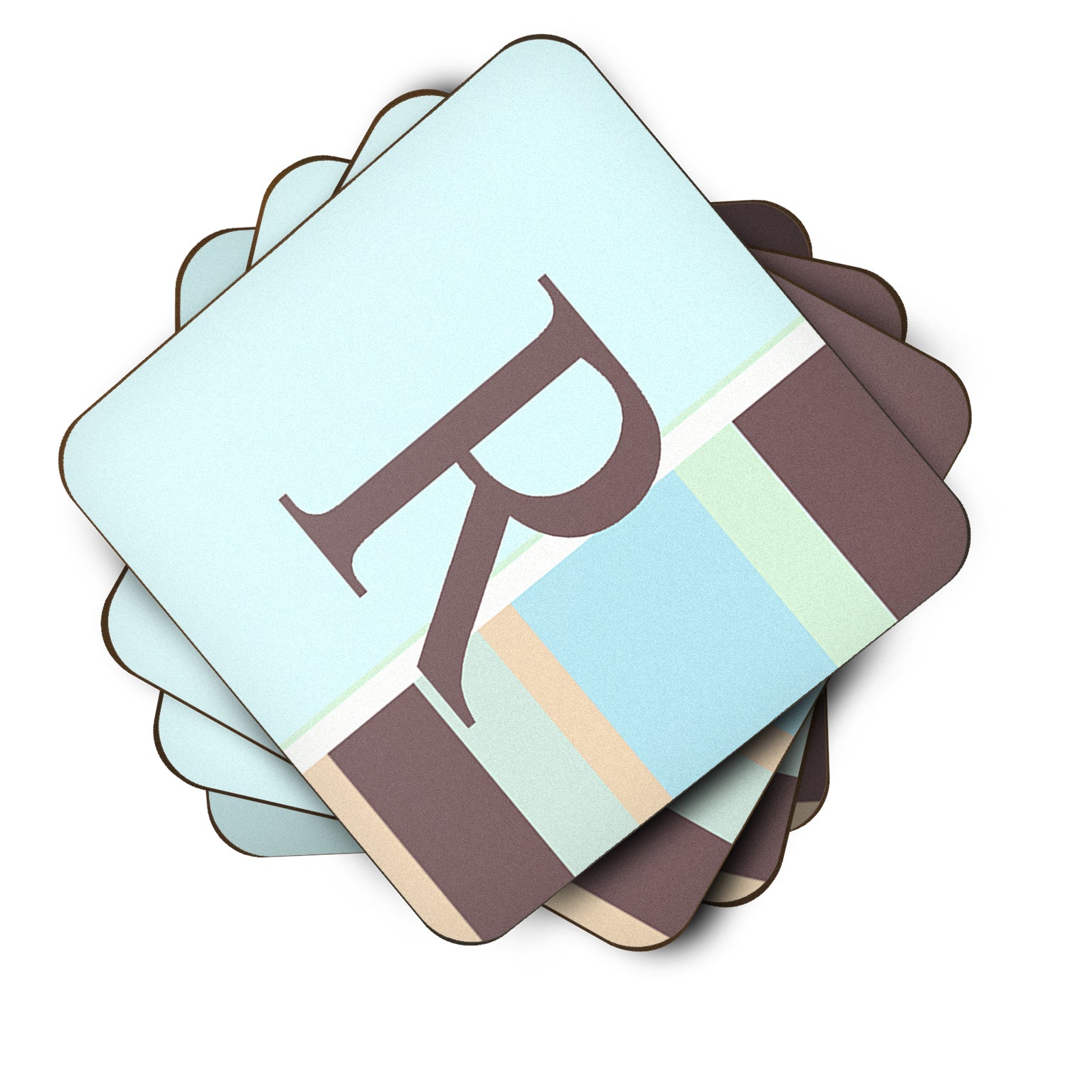 Set of 4 Monogram - Blue Stripes Foam Coasters Initial Letter R - the-store.com