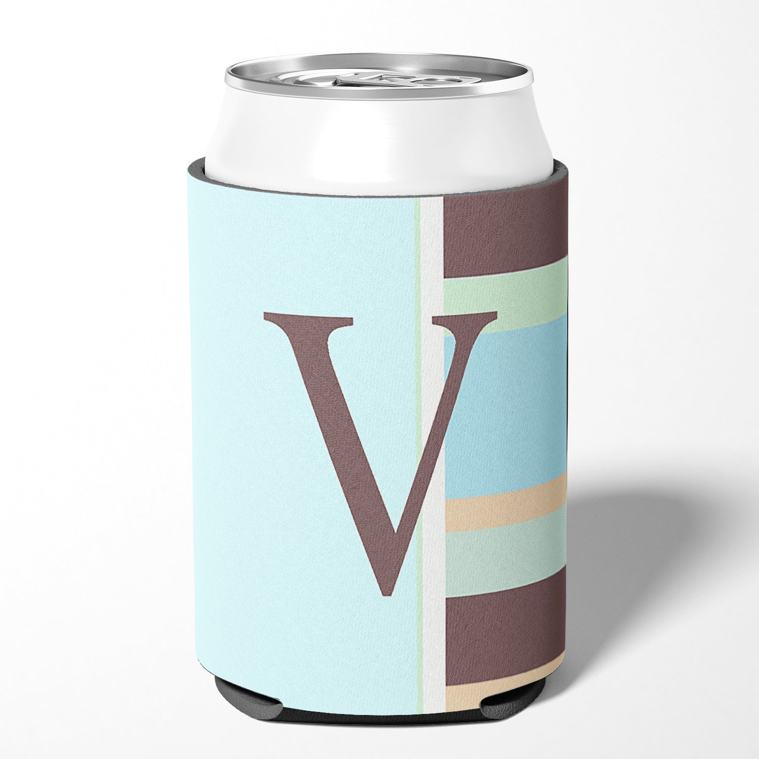 Letter V Initial Monogram - Blue Stripes Can or Bottle Beverage Insulator Hugger.