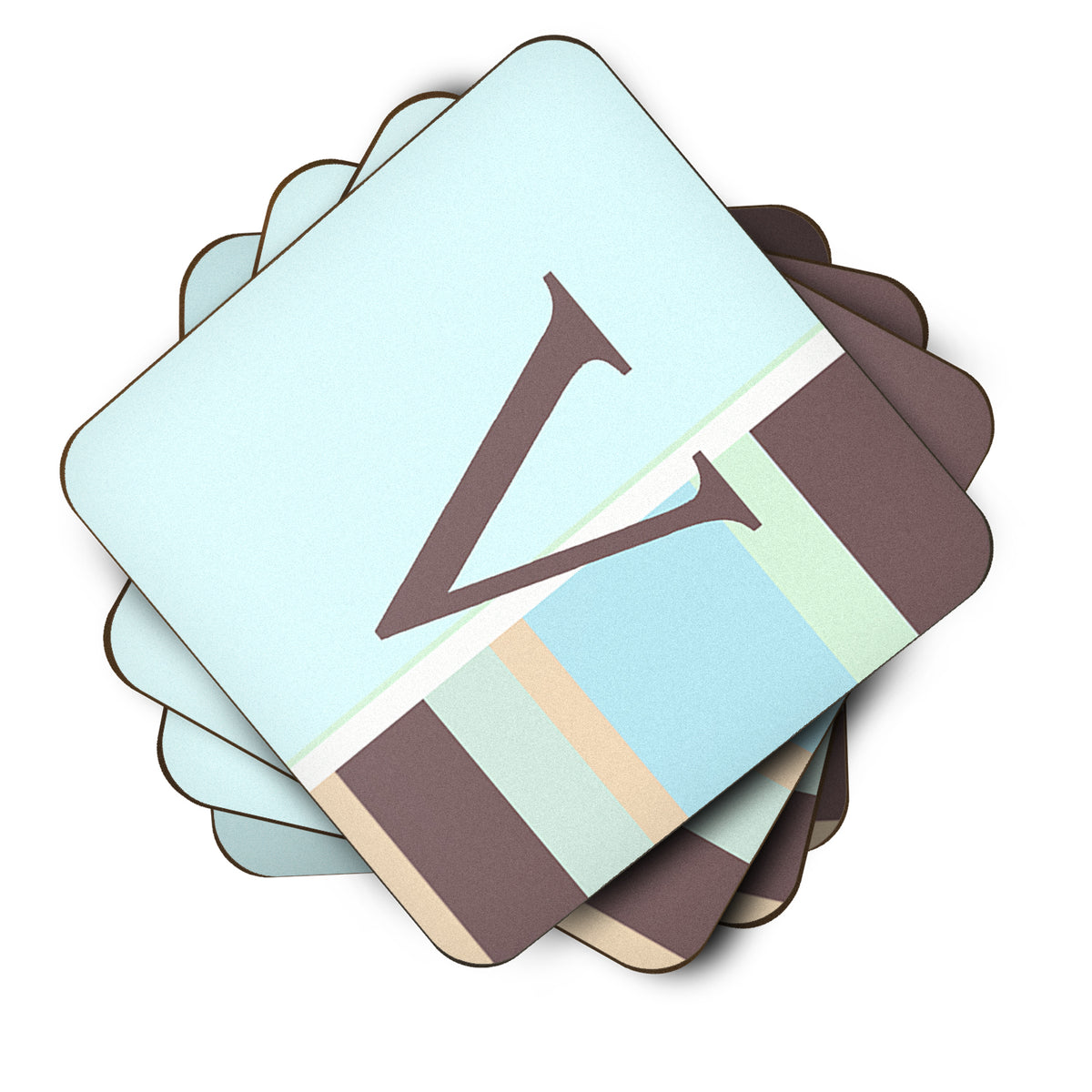 Set of 4 Monogram - Blue Stripes Foam Coasters Initial Letter V - the-store.com