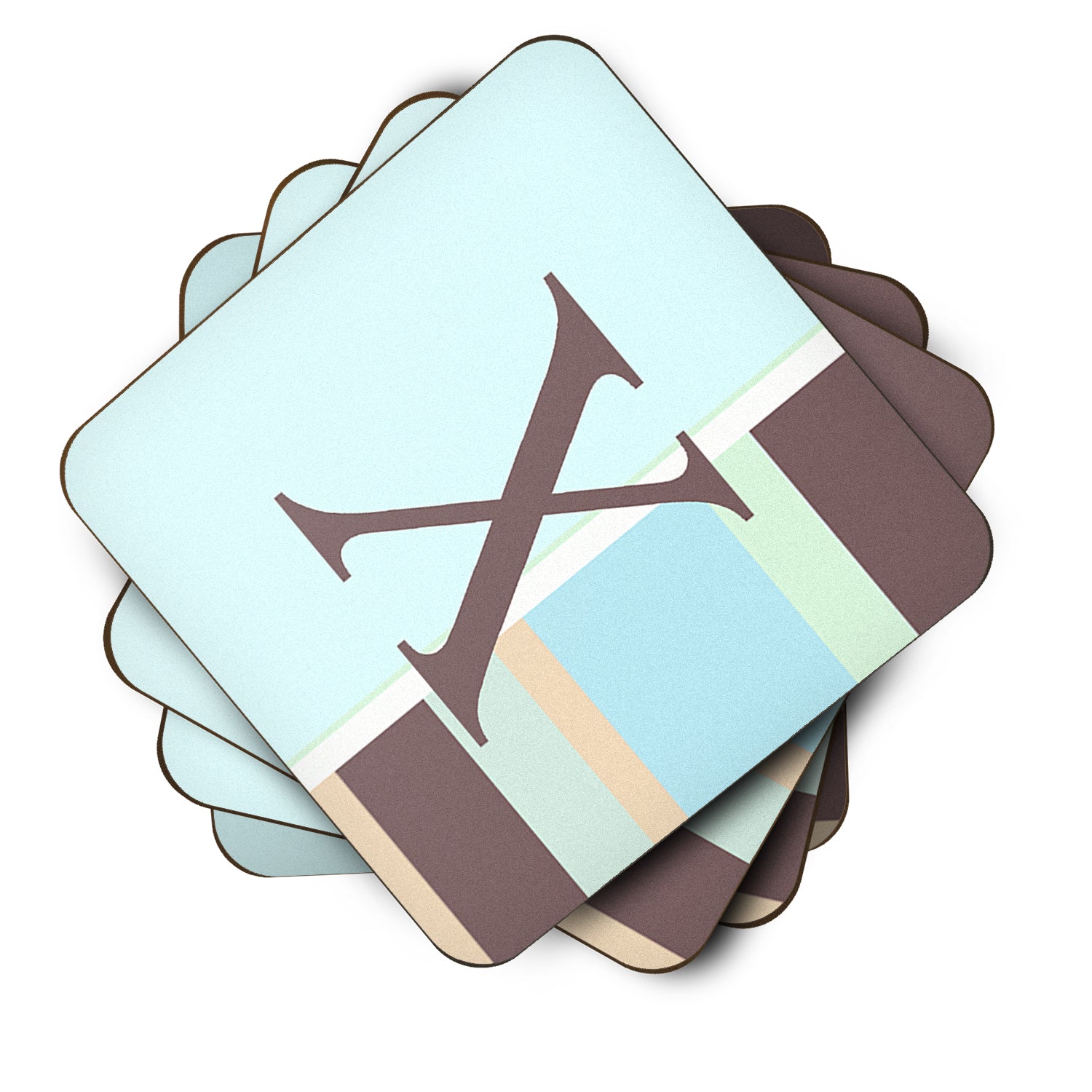 Set of 4 Monogram - Blue Stripes Foam Coasters Initial Letter X - the-store.com