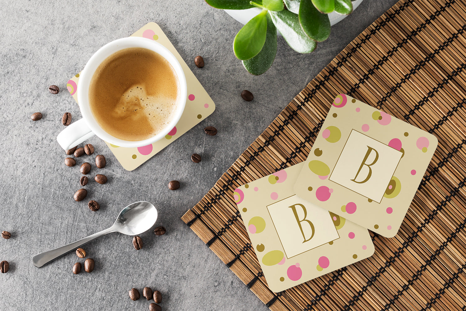 Set of 4 Monogram - Tan Dots Foam Coasters Initial Letter B - the-store.com