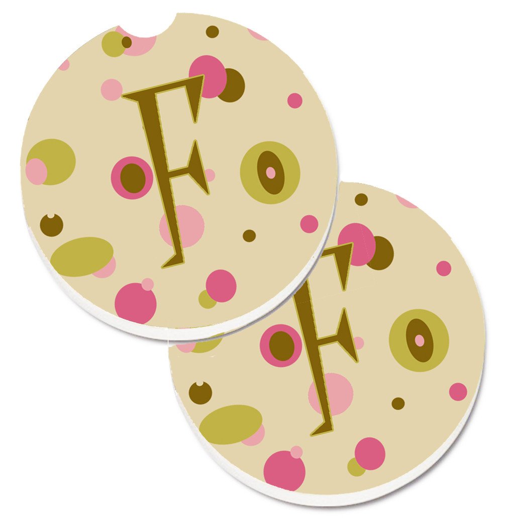 Letter F Initial Monogram - Tan Dots Set of 2 Cup Holder Car Coasters CJ1004-FCARC by Caroline's Treasures