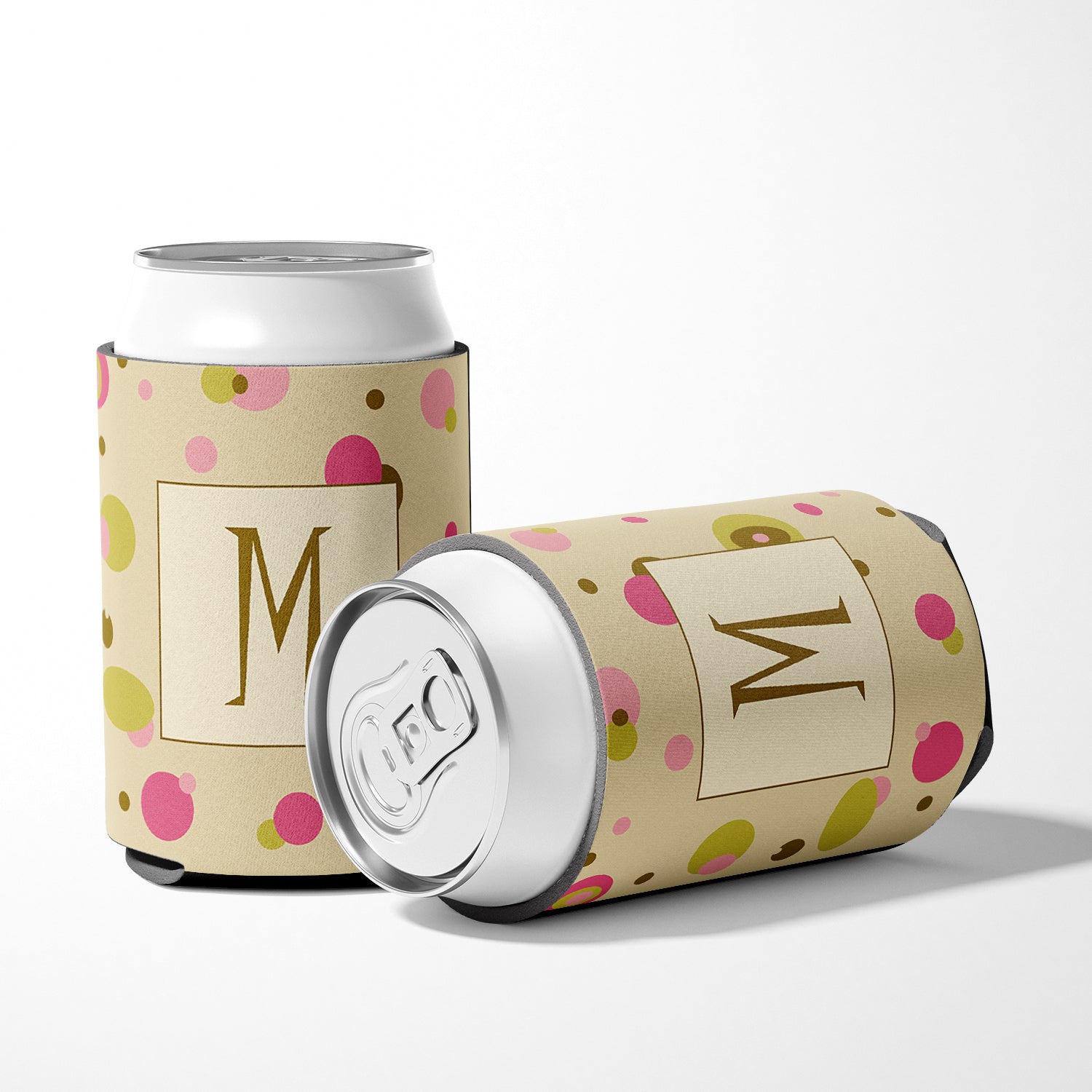 Letter M Initial Monogram - Tan Dots Can or Bottle Beverage Insulator Hugger.