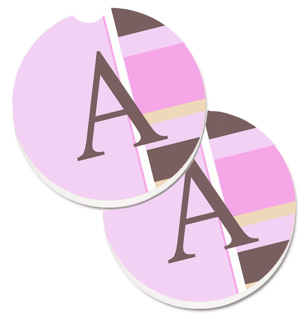 Letter A Monogram - Pink Stripes Set of 2 Cup Holder Car Coasters CJ1005-ACARC by Caroline&#39;s Treasures