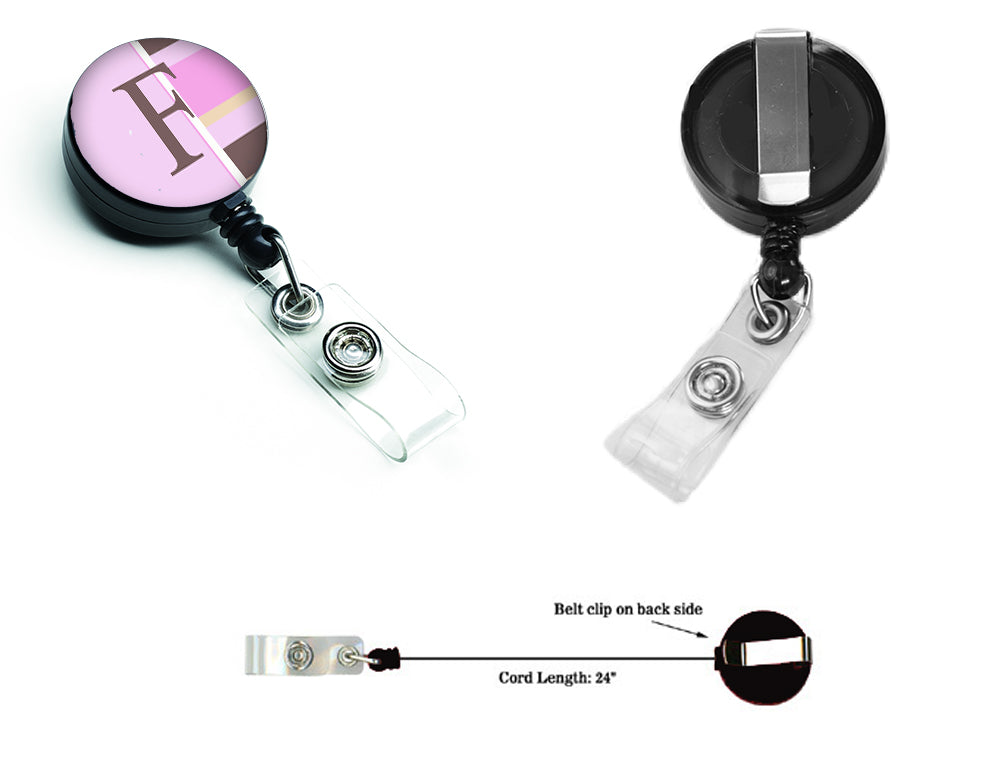 Letter F Initial Monogram - Pink Stripes Retractable Badge Reel CJ1005-FBR  the-store.com.