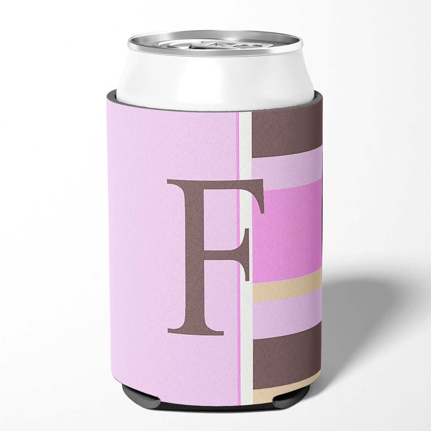 Letter F Initial Monogram - Pink Stripes Can or Bottle Beverage Insulator Hugger.