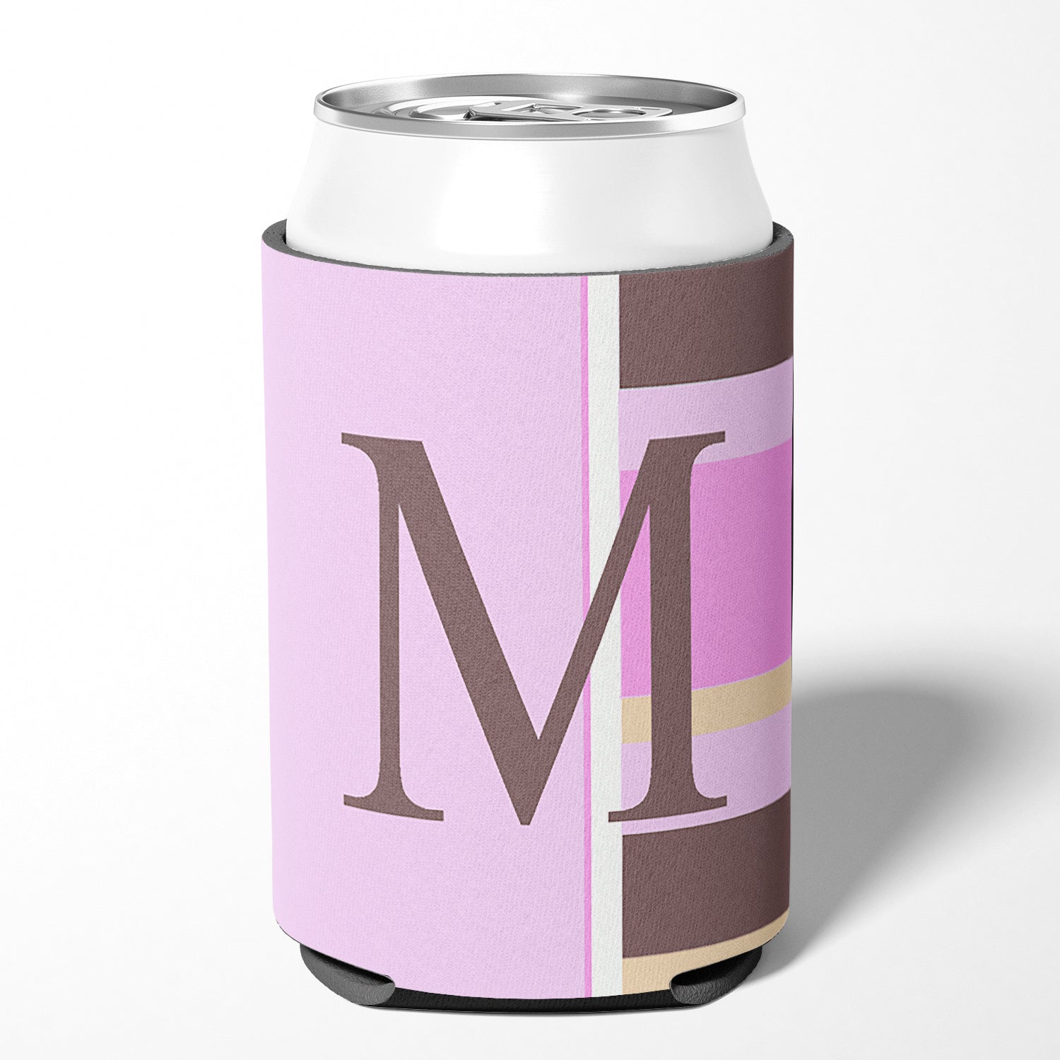 Letter M Initial Monogram - Pink Stripes Can or Bottle Beverage Insulator Hugger.