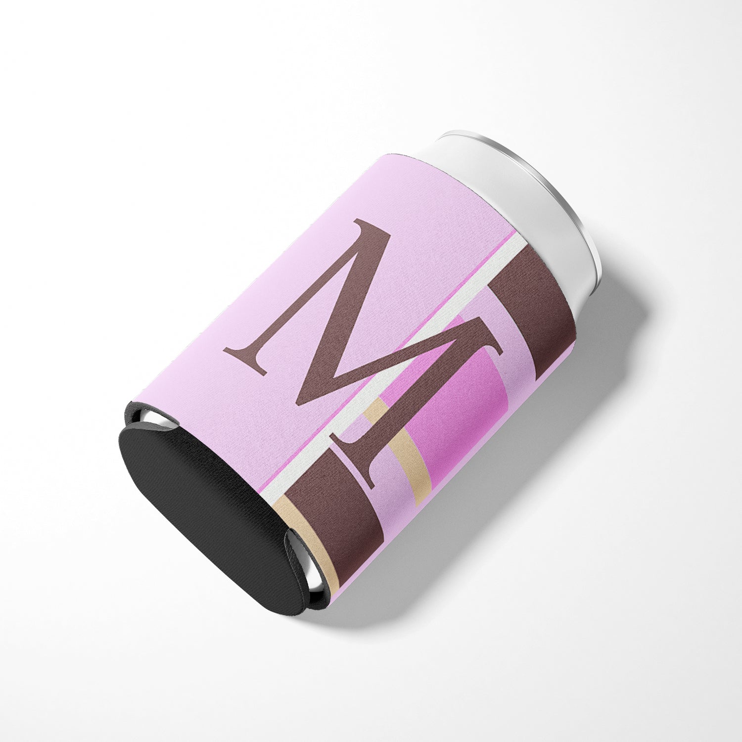 Letter M Initial Monogram - Pink Stripes Can or Bottle Beverage Insulator Hugger.