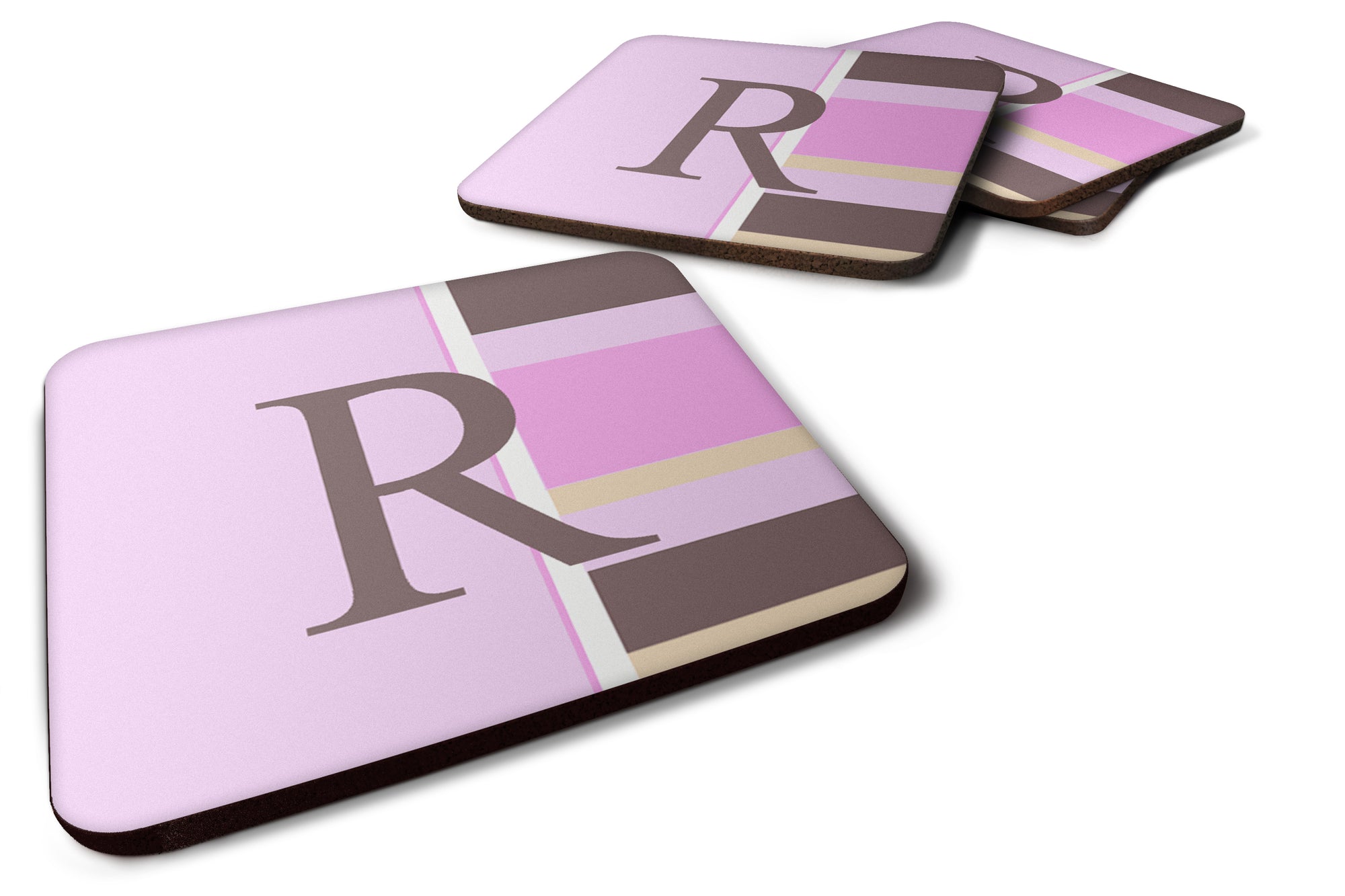 Set of 4 Monogram - Pink Stripes Foam Coasters Initial Letter R - the-store.com