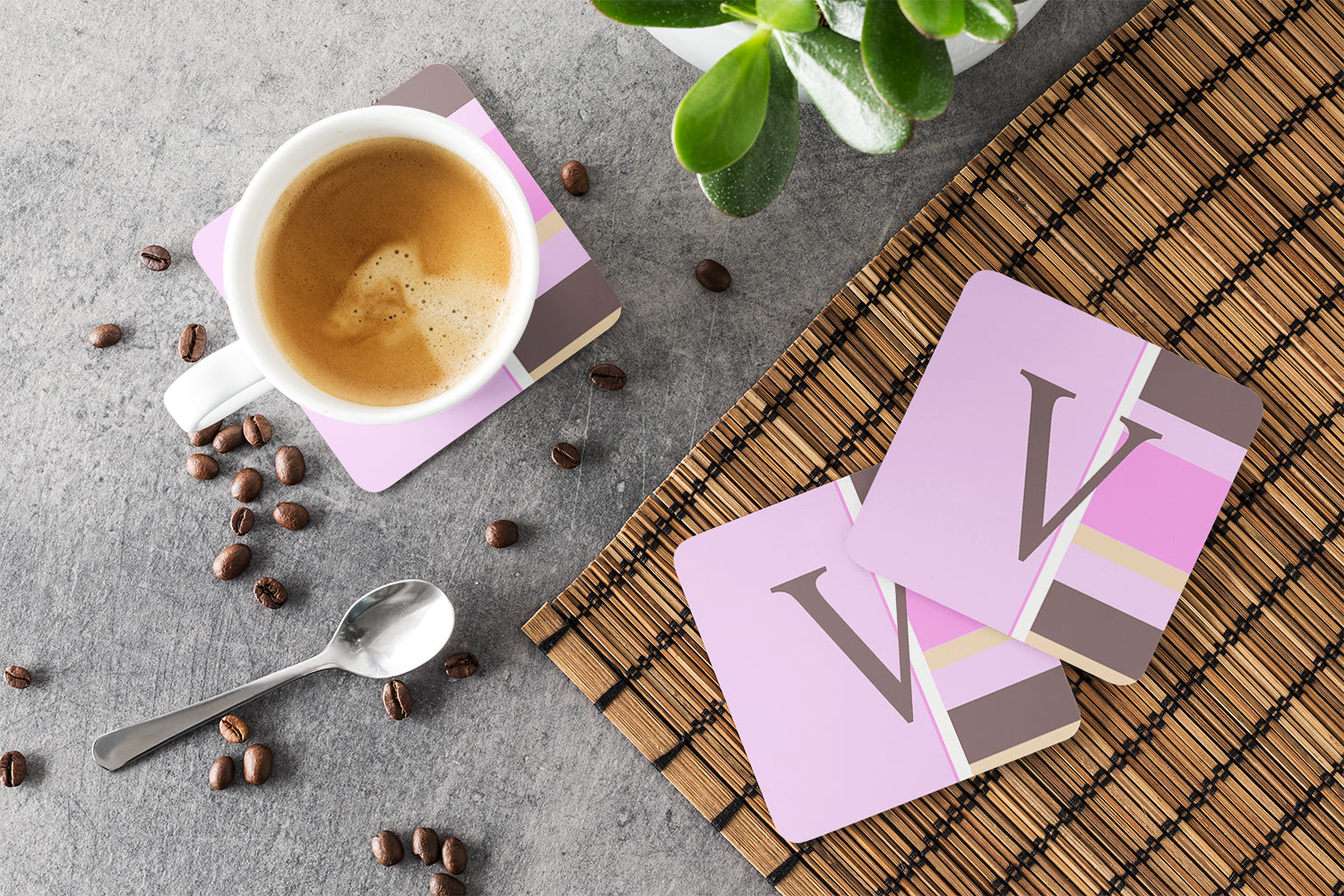 Set of 4 Monogram - Pink Stripes Foam Coasters Initial Letter V - the-store.com