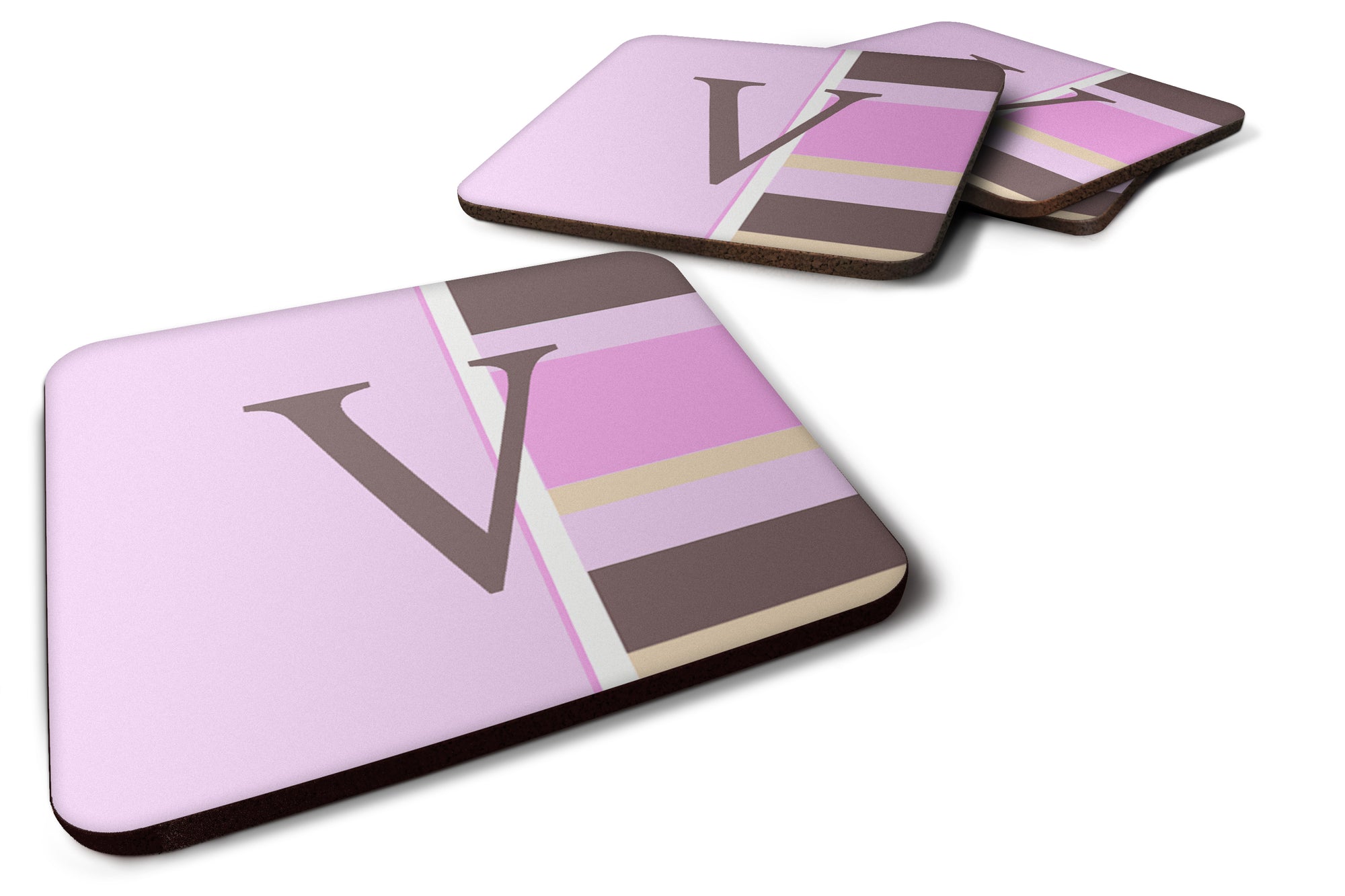 Set of 4 Monogram - Pink Stripes Foam Coasters Initial Letter V - the-store.com