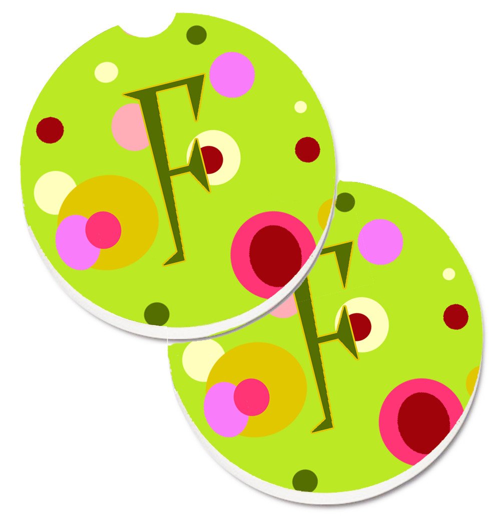 Letter F Monogram - Lime Green Set of 2 Cup Holder Car Coasters CJ1010-FCARC by Caroline's Treasures