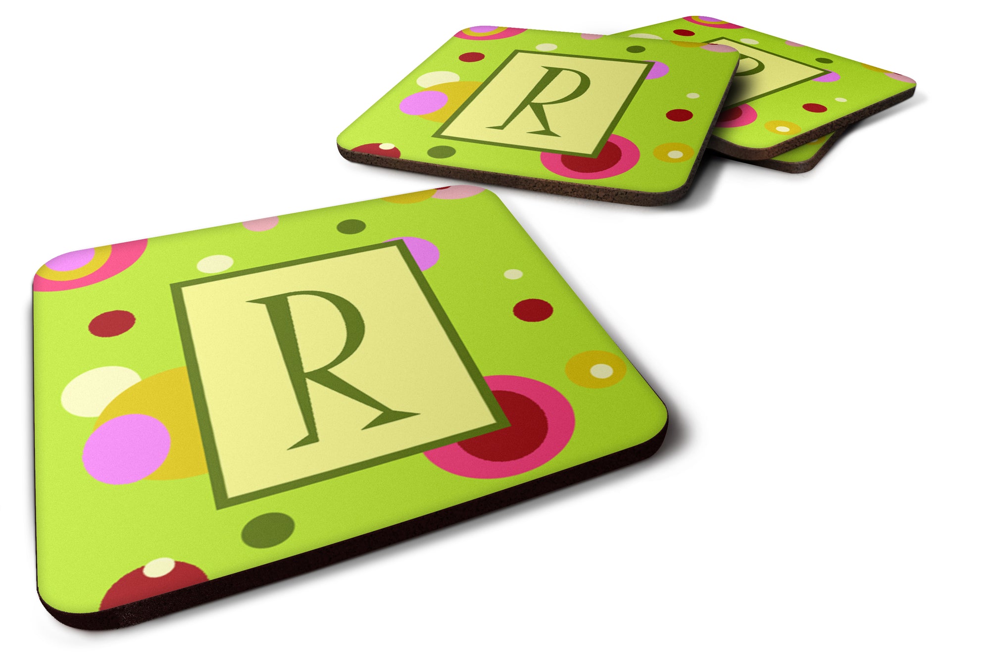 Set of 4 Monogram - Green Foam Coasters Initial Letter R - the-store.com