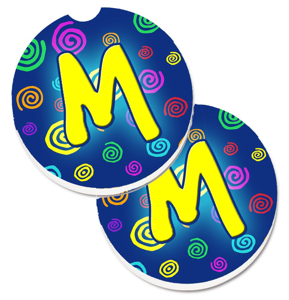 Letter M Initial Monogram - Blue Swirls Set of 2 Cup Holder Car Coasters CJ1011-MCARC by Caroline's Treasures