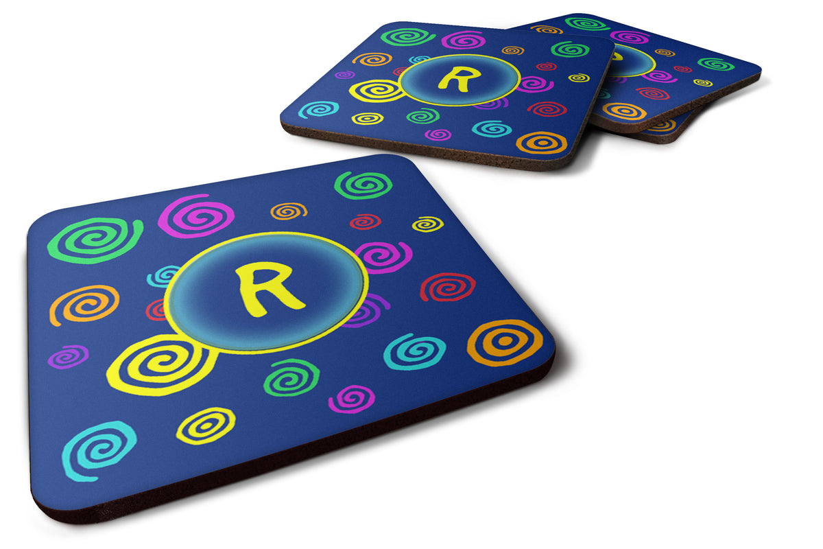 Set of 4 Monogram - Blue Swirls Foam Coasters Initial Letter R - the-store.com