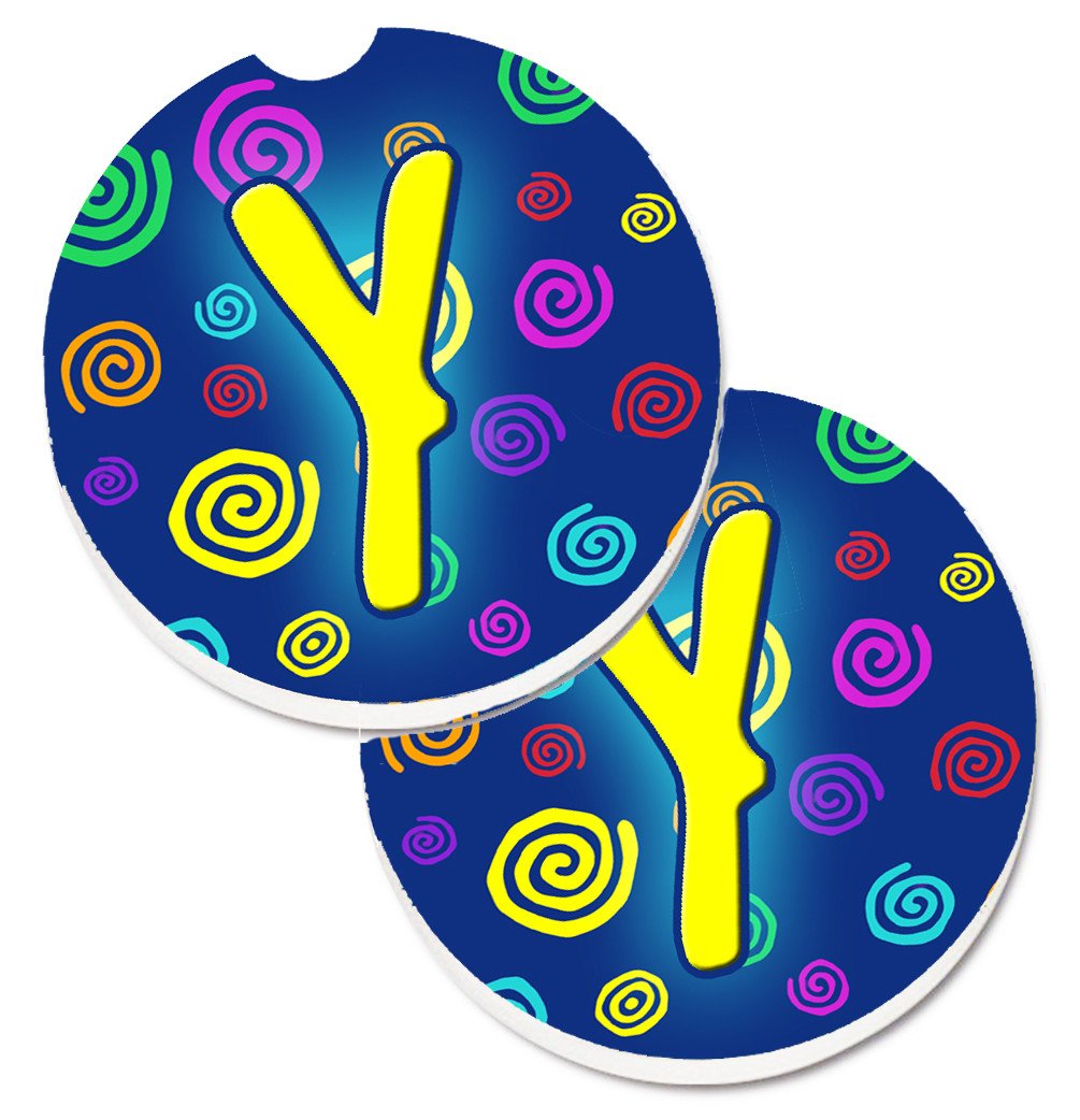 Letter Y Initial Monogram - Blue Swirls Set of 2 Cup Holder Car Coasters CJ1011-YCARC by Caroline&#39;s Treasures