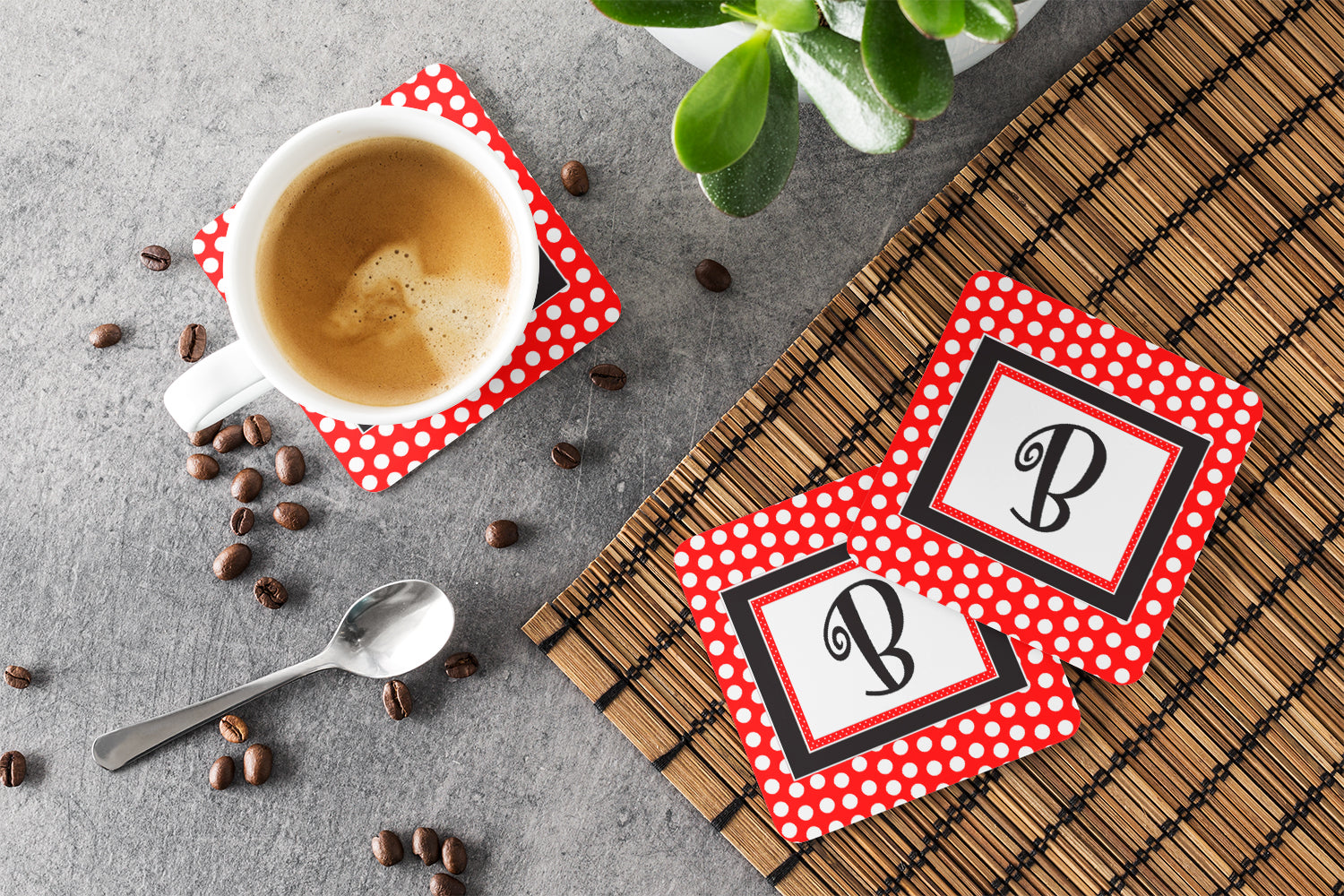 Set of 4 Monogram - Red Black Polka Dots Foam Coasters Initial Letter B - the-store.com