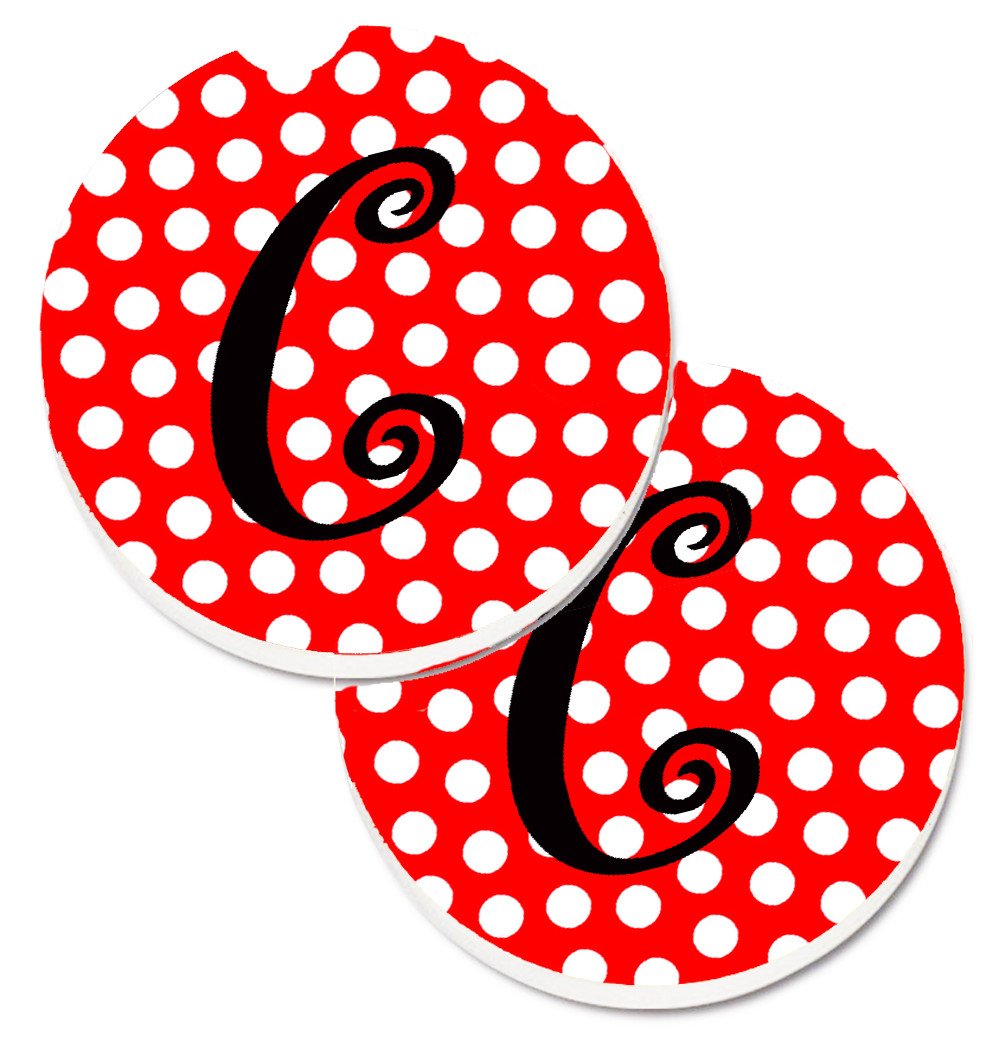Letter C Initial Monogram Red Black Polka Dots Set of 2 Cup Holder Car Coasters CJ1012-CCARC by Caroline's Treasures