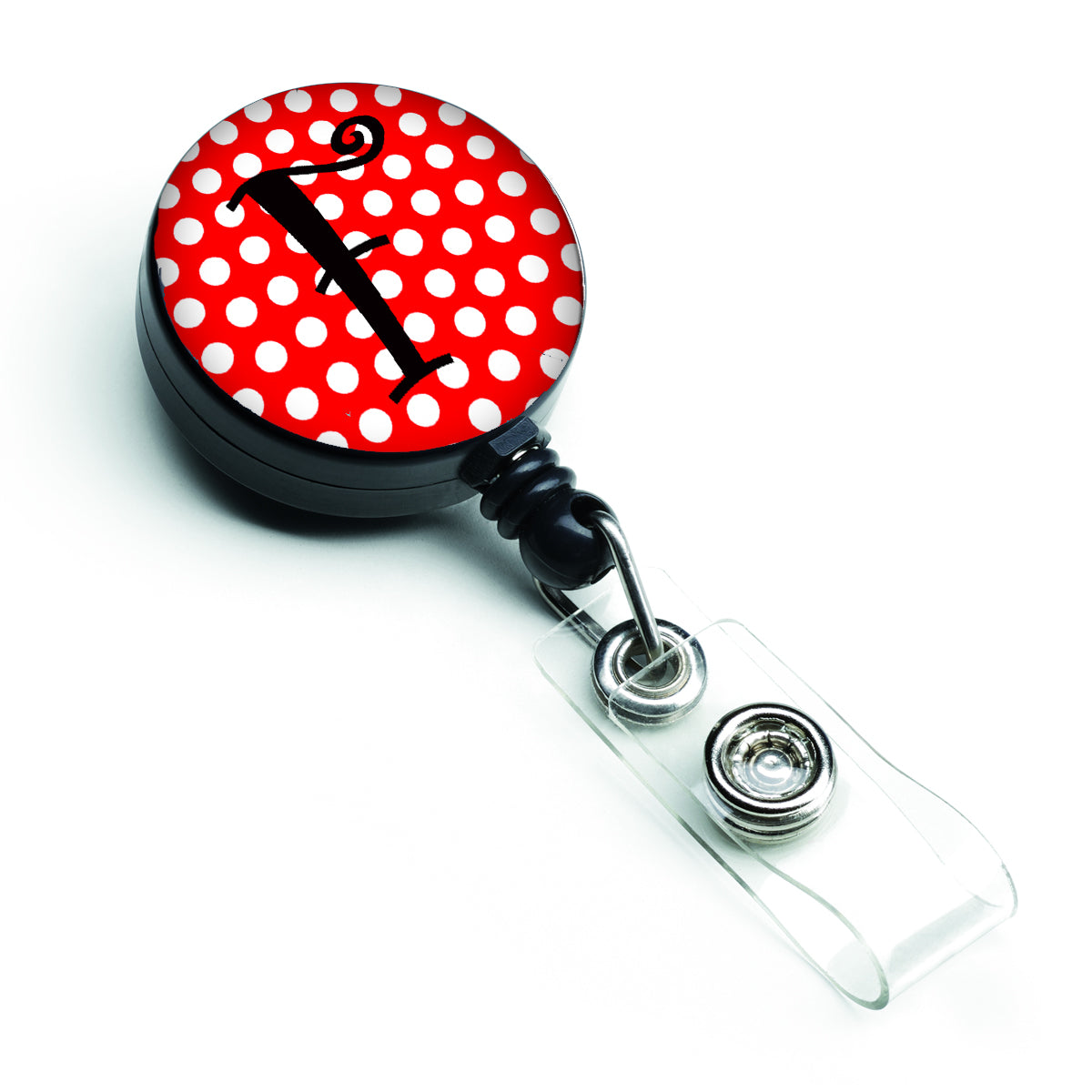 Letter F Initial Monogram Red Black Polka Dots Retractable Badge Reel CJ1012-FBR  the-store.com.