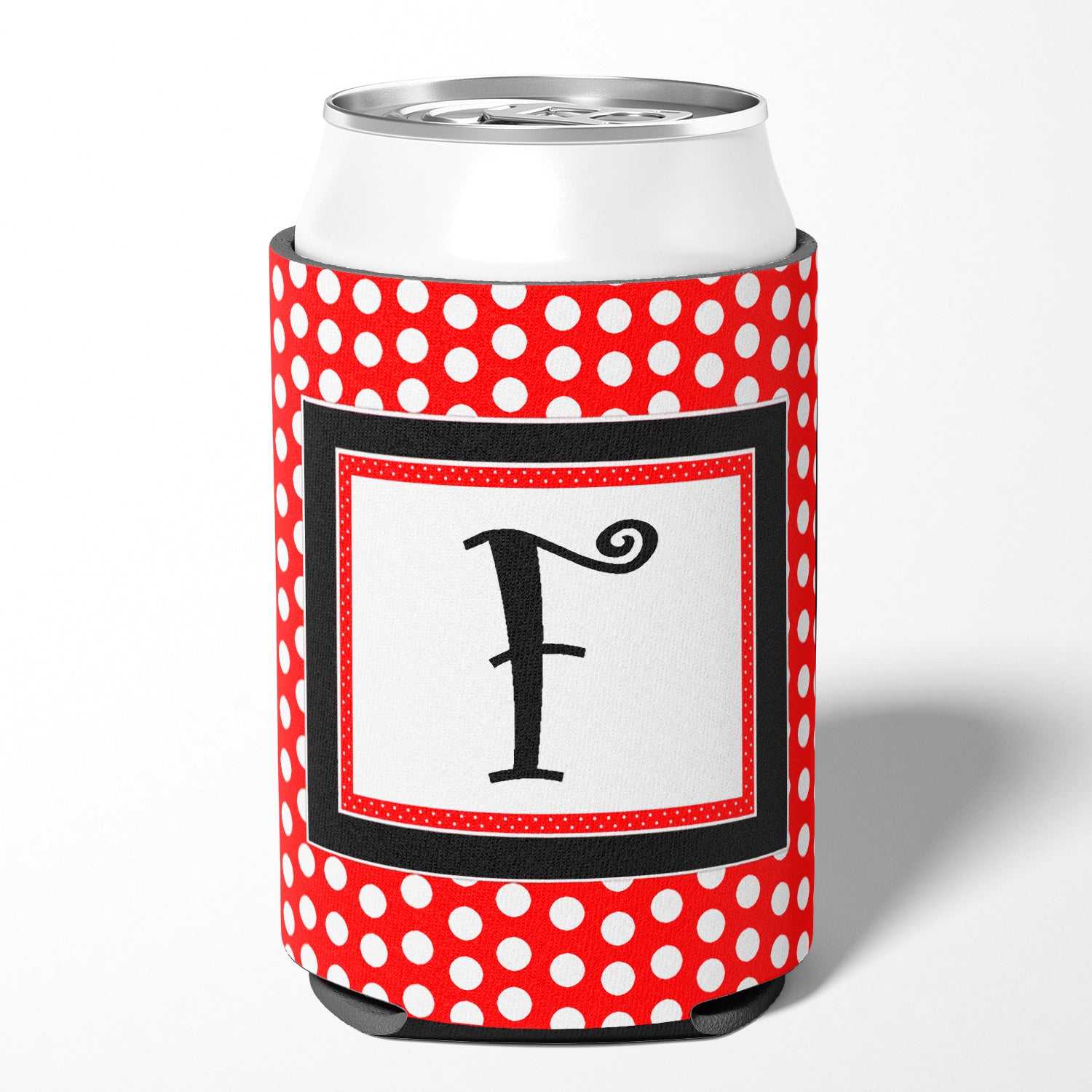 Letter F Initial Monogram - Red Black Polka Dots Can or Bottle Beverage Insulator Hugger.