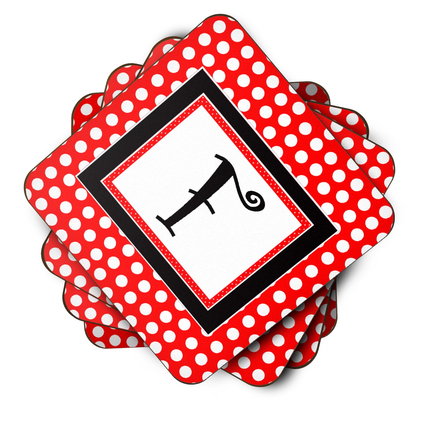 Set of 4 Monogram - Red Black Polka Dots Foam Coasters Initial Letter F - the-store.com