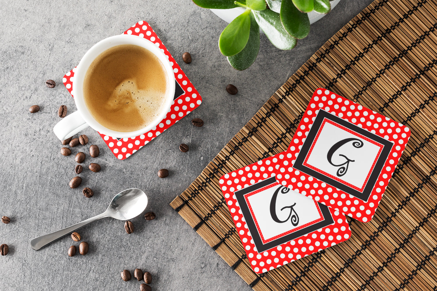 Set of 4 Monogram - Red Black Polka Dots Foam Coasters Initial Letter G - the-store.com