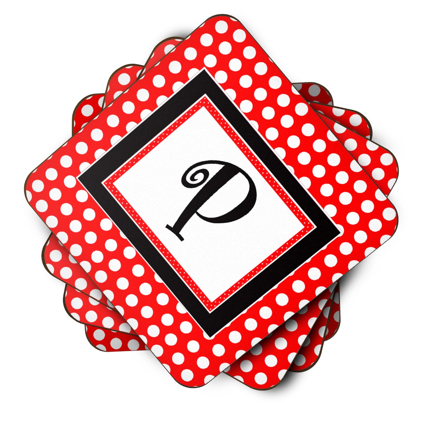 Set of 4 Monogram - Red Black Polka Dots Foam Coasters Initial Letter P - the-store.com