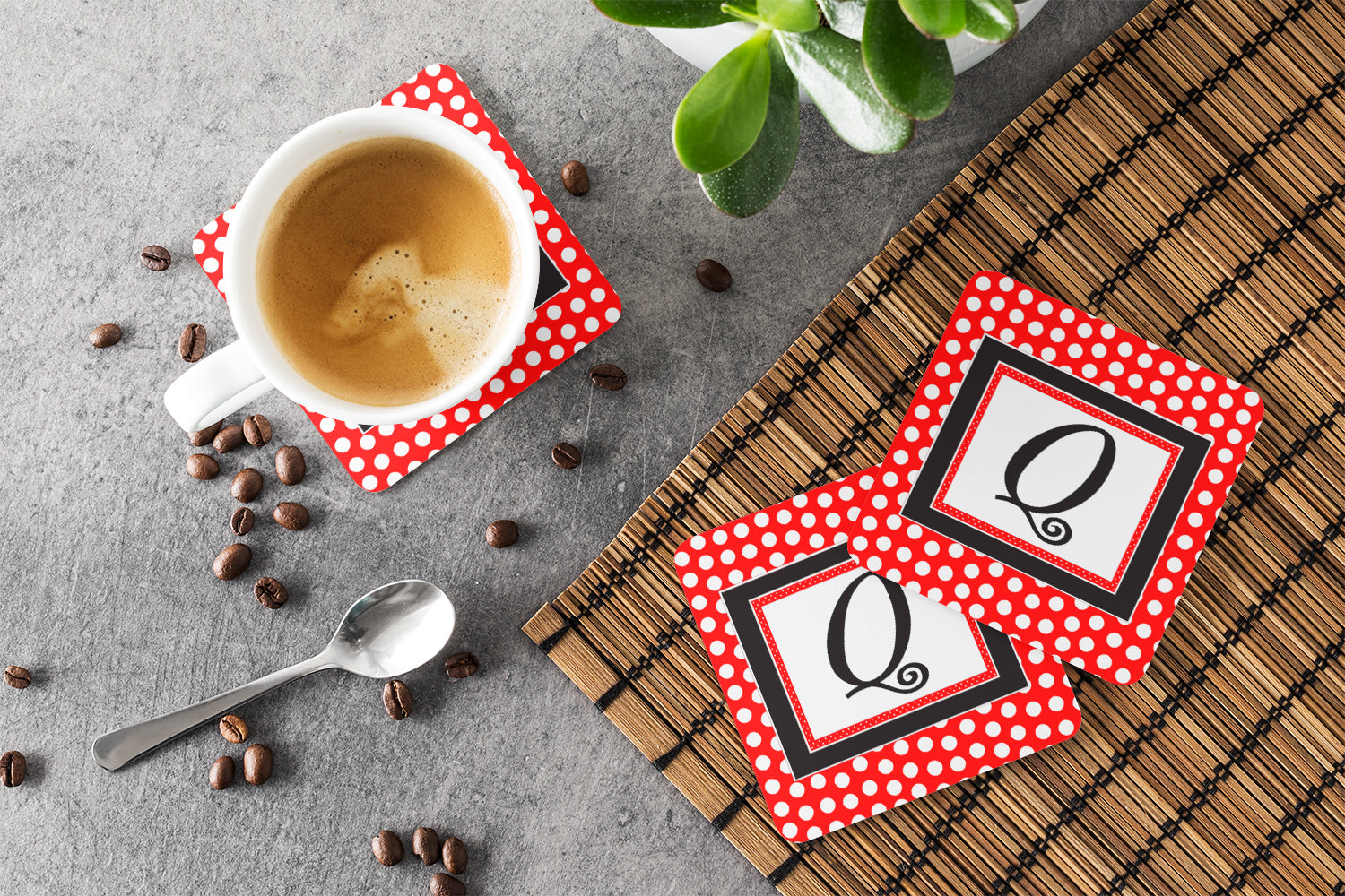 Set of 4 Monogram - Red Black Polka Dots Foam Coasters Initial Letter Q - the-store.com