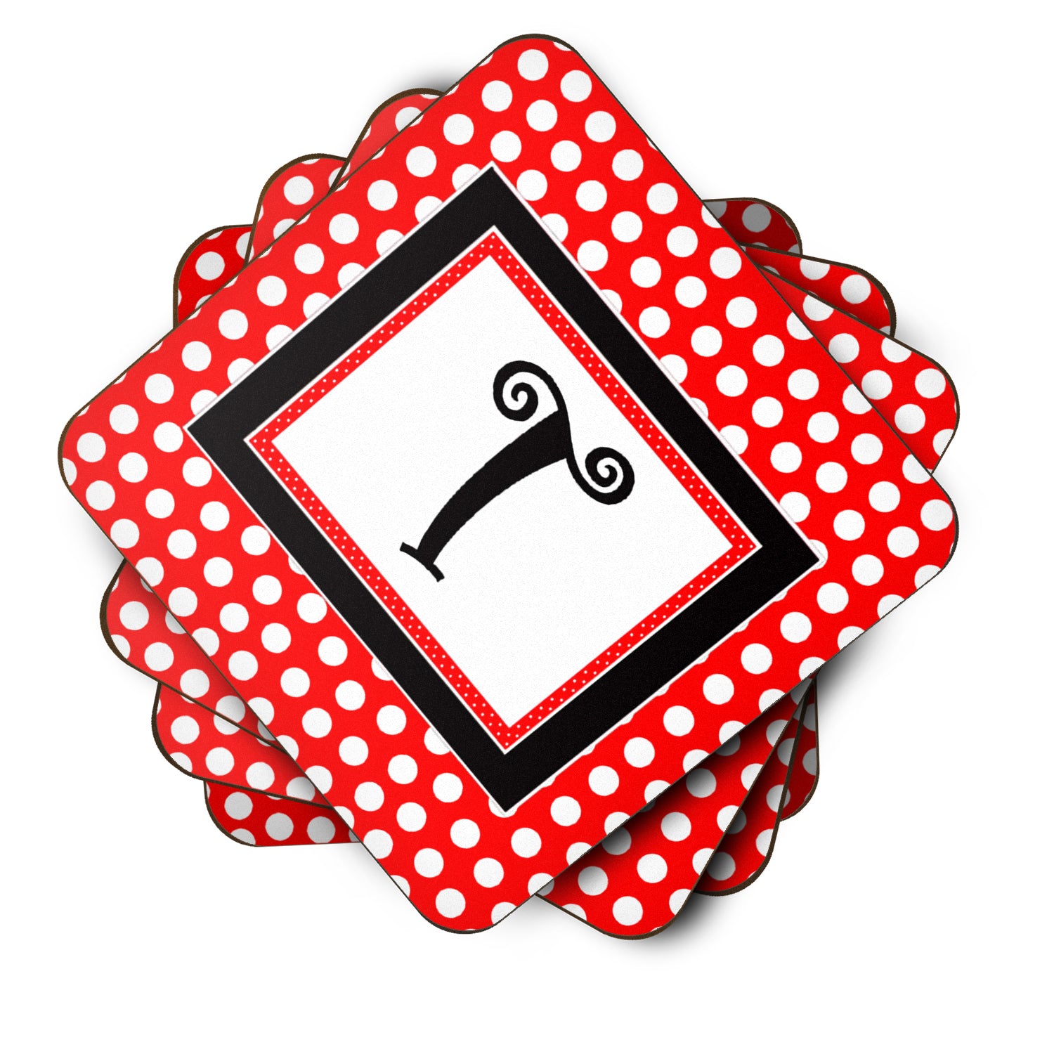 Set of 4 Monogram - Red Black Polka Dots Foam Coasters Initial Letter T - the-store.com