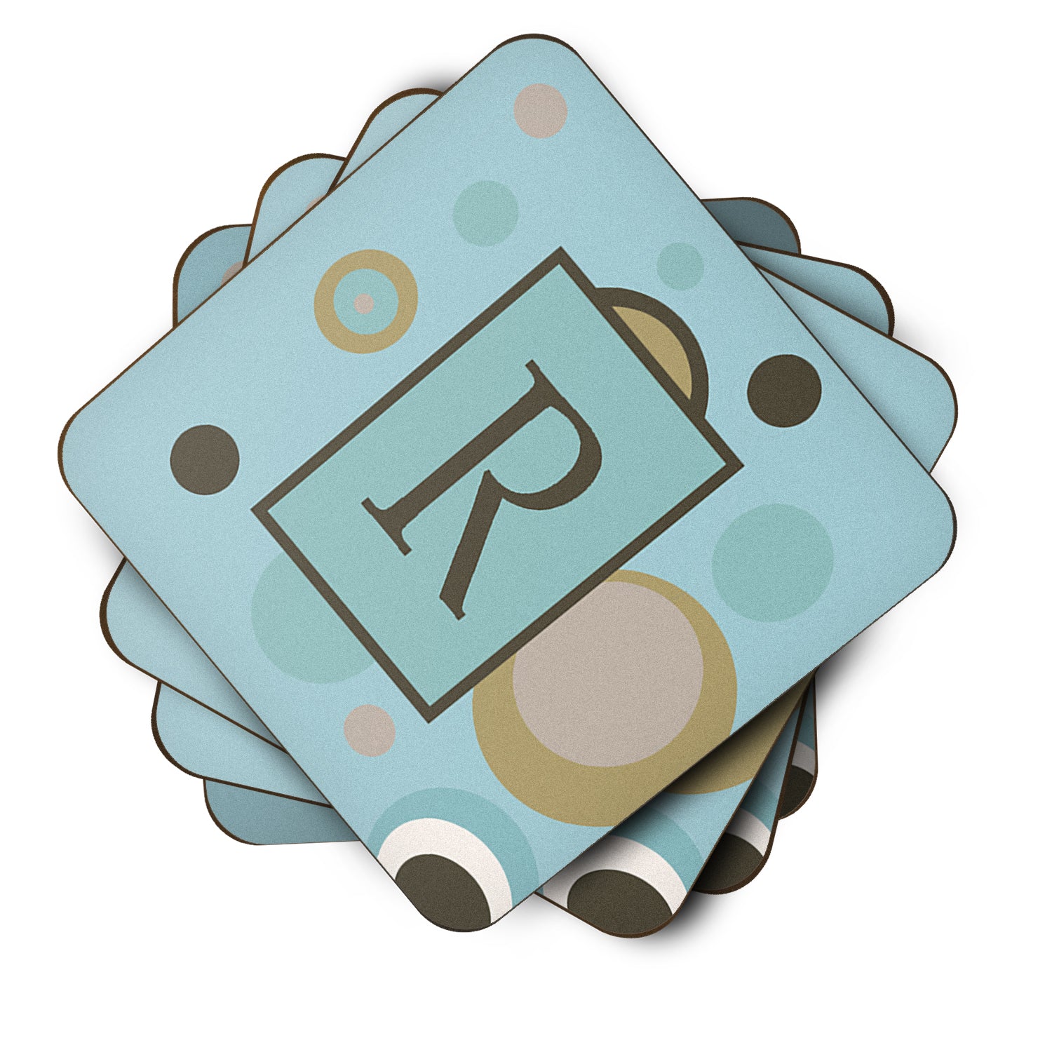 Set of 4 Monogram - Blue Dots Foam Coasters Initial Letter R - the-store.com