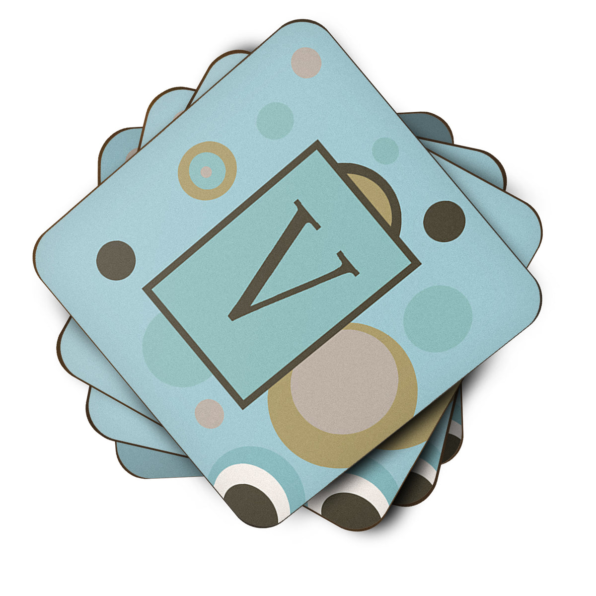 Set of 4 Monogram - Blue Dots Foam Coasters Initial Letter V - the-store.com