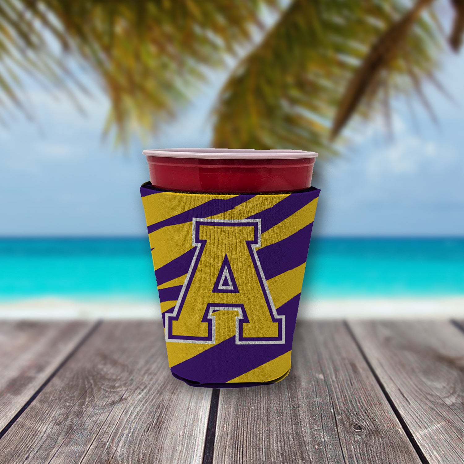 Tiger Stripe - Purple Gold Letter A Monogram Initial Red Cup Beverage Insulator Hugger  the-store.com.