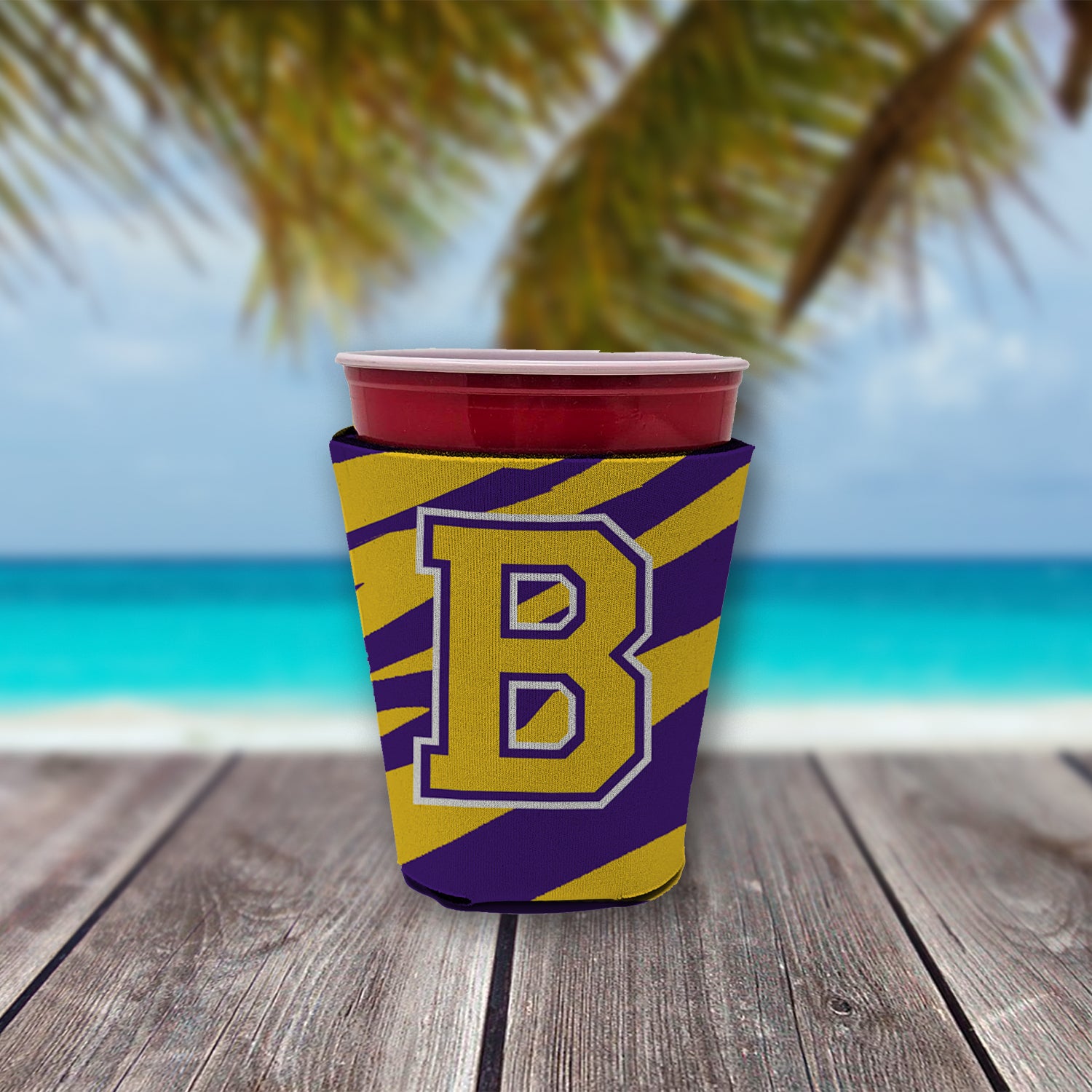 Tiger Stripe - Purple Gold Letter B Monogram Initial Red Cup Beverage Insulator Hugger  the-store.com.