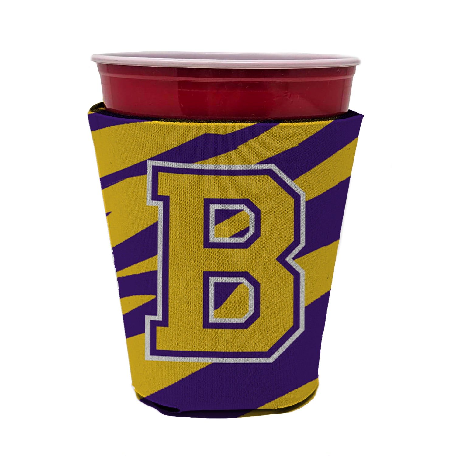 Tiger Stripe - Purple Gold Letter B Monogram Initial Red Cup Beverage Insulator Hugger  the-store.com.