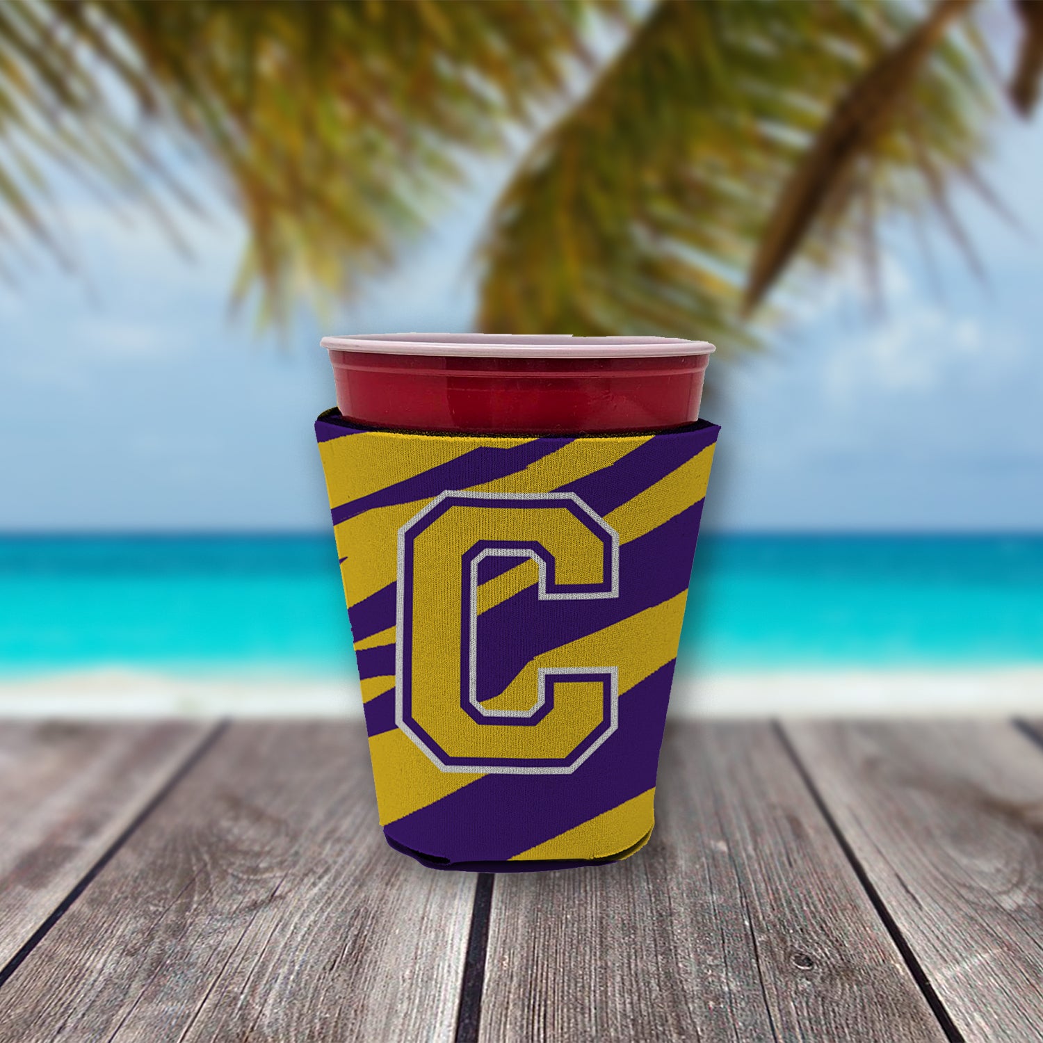 Tiger Stripe - Purple Gold Letter C Monogram Initial Red Cup Beverage Insulator Hugger  the-store.com.