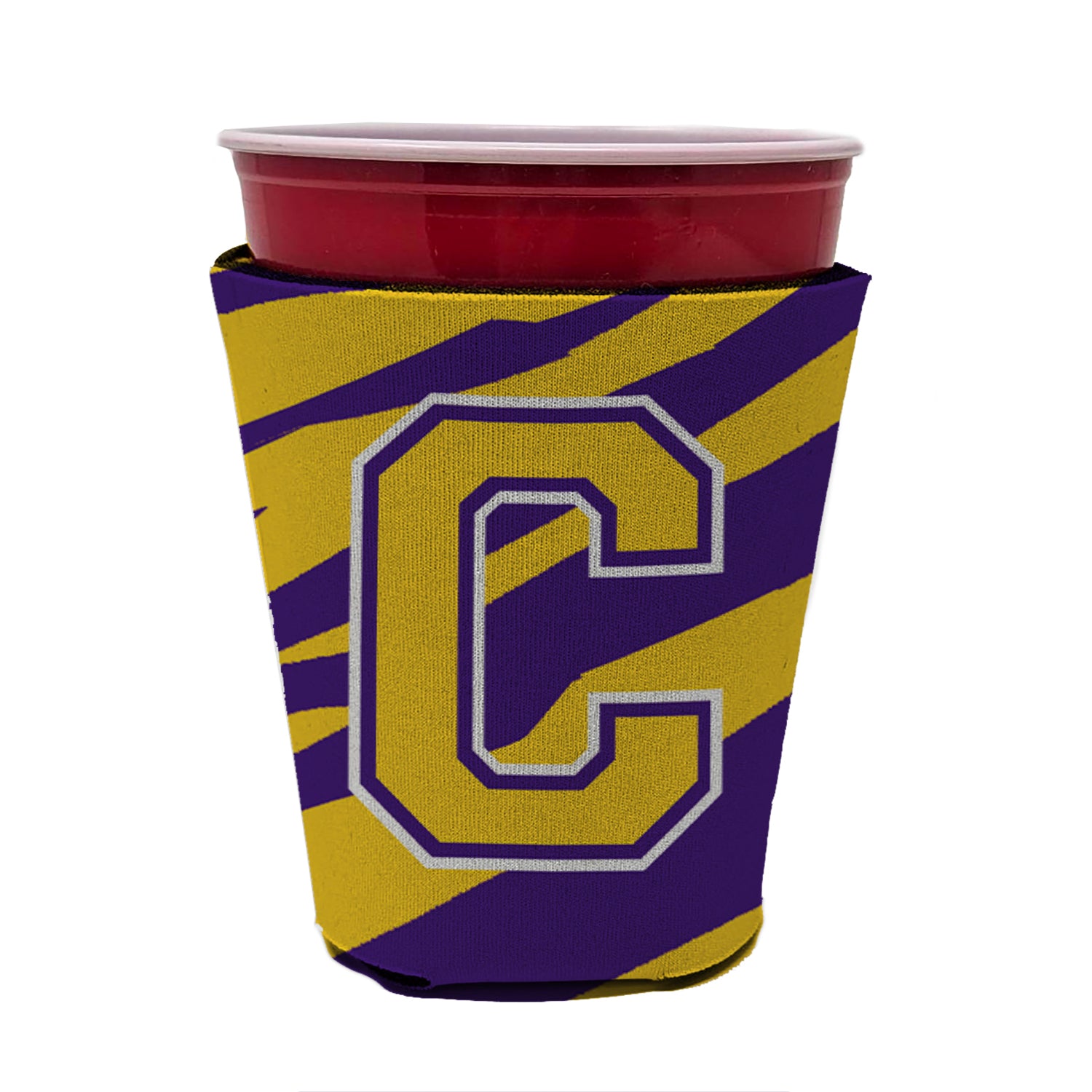 Tiger Stripe - Purple Gold Letter C Monogram Initial Red Cup Beverage Insulator Hugger  the-store.com.