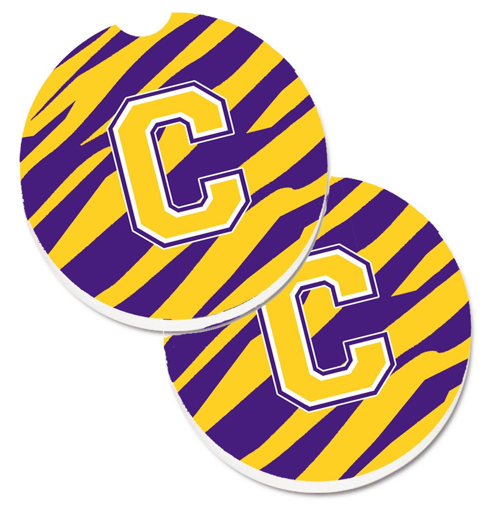 Letter C Monogram - Tiger Stripe - Purple Gold Set of 2 Cup Holder Car Coasters CJ1022-CCARC by Caroline's Treasures