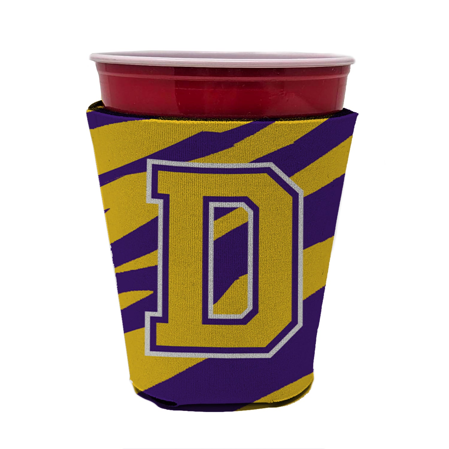 Tiger Stripe - Purple Gold Letter D Monogram Initial Red Cup Beverage Insulator Hugger  the-store.com.