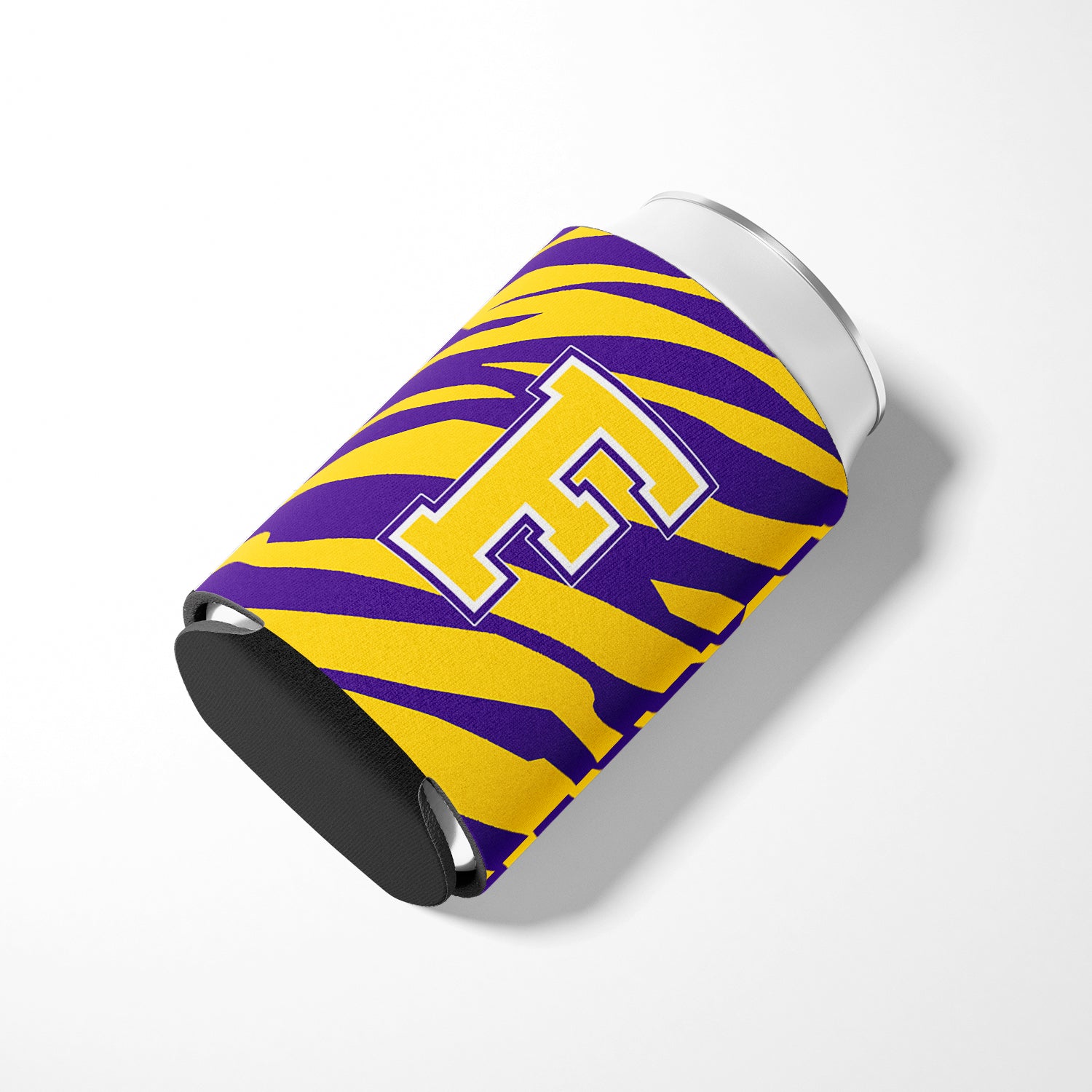 Monogram - Tiger Stripe - Purple Gold Can or Bottle Beverage Insulator Initial F.