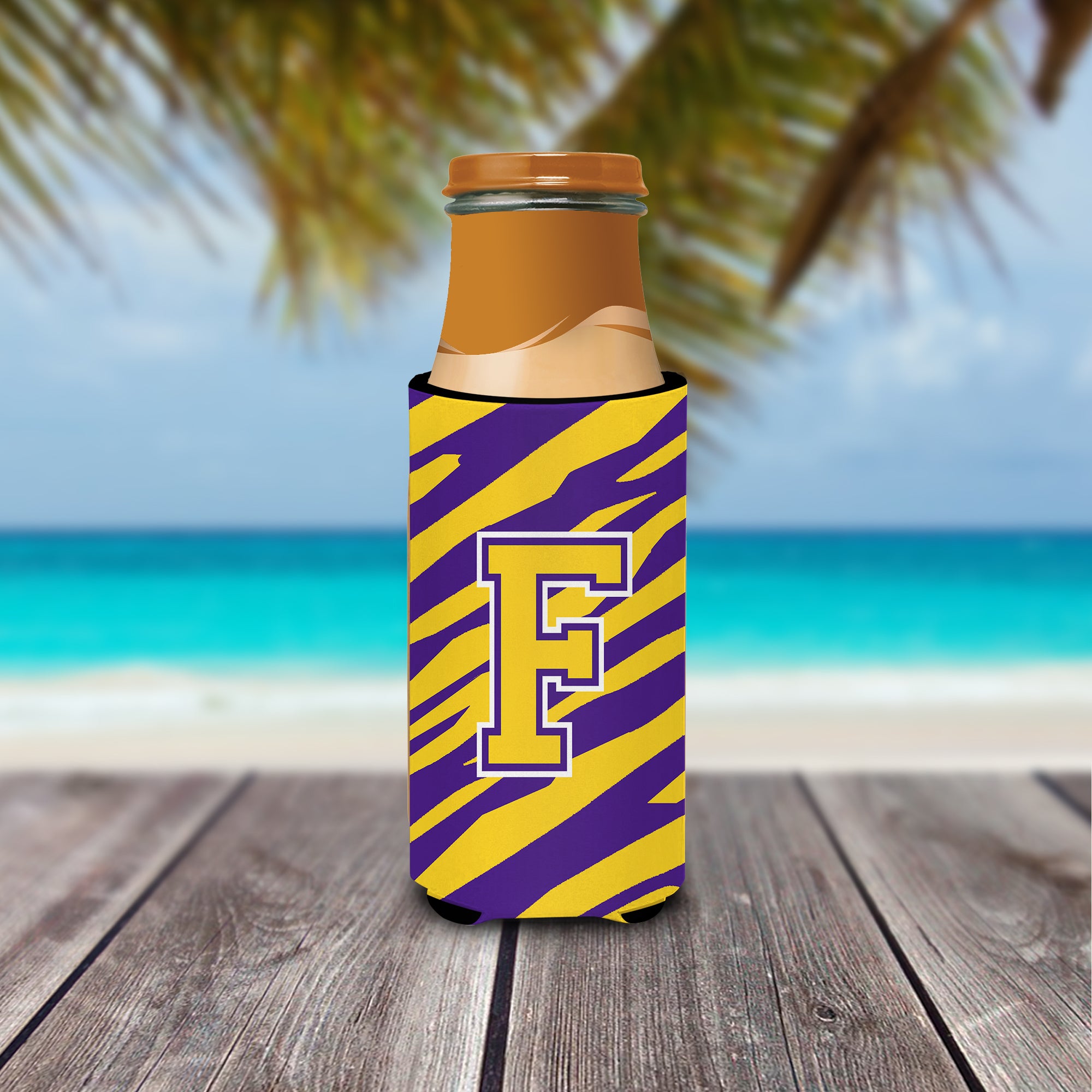 Monogram - Tiger Stripe - Purple Gold  Letter F Ultra Beverage Insulators for slim cans CJ1022-FMUK.