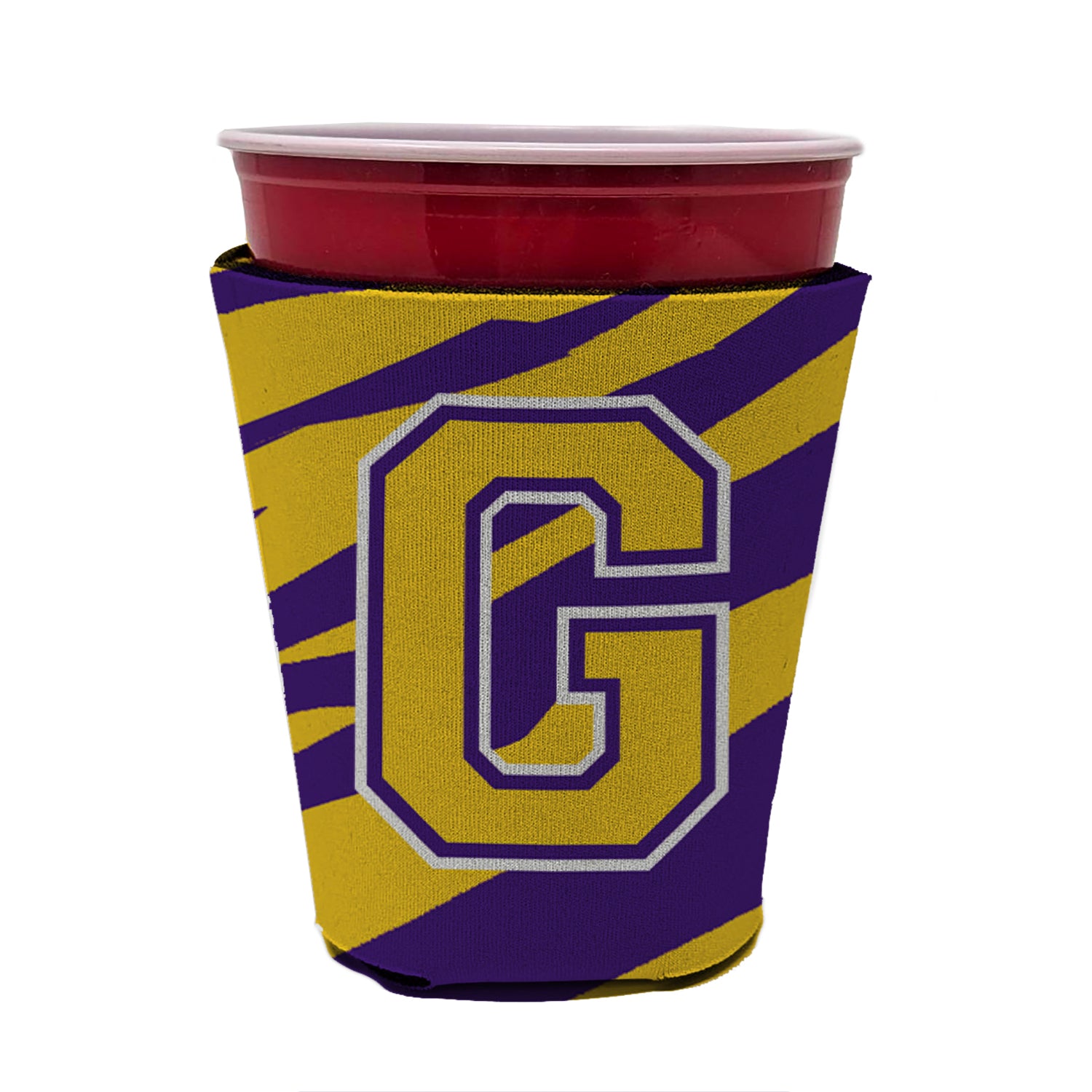 Tiger Stripe - Purple Gold Letter G Monogram Initial Red Cup Beverage Insulator Hugger  the-store.com.