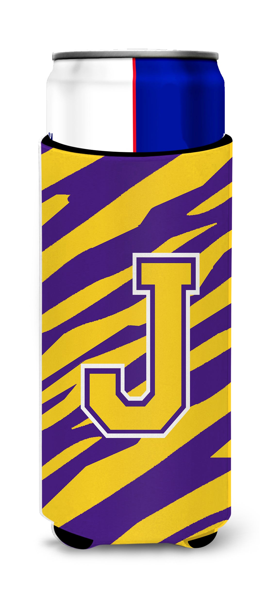 Monogram - Tiger Stripe - Purple Gold  Letter J Ultra Beverage Insulators for slim cans CJ1022-JMUK.